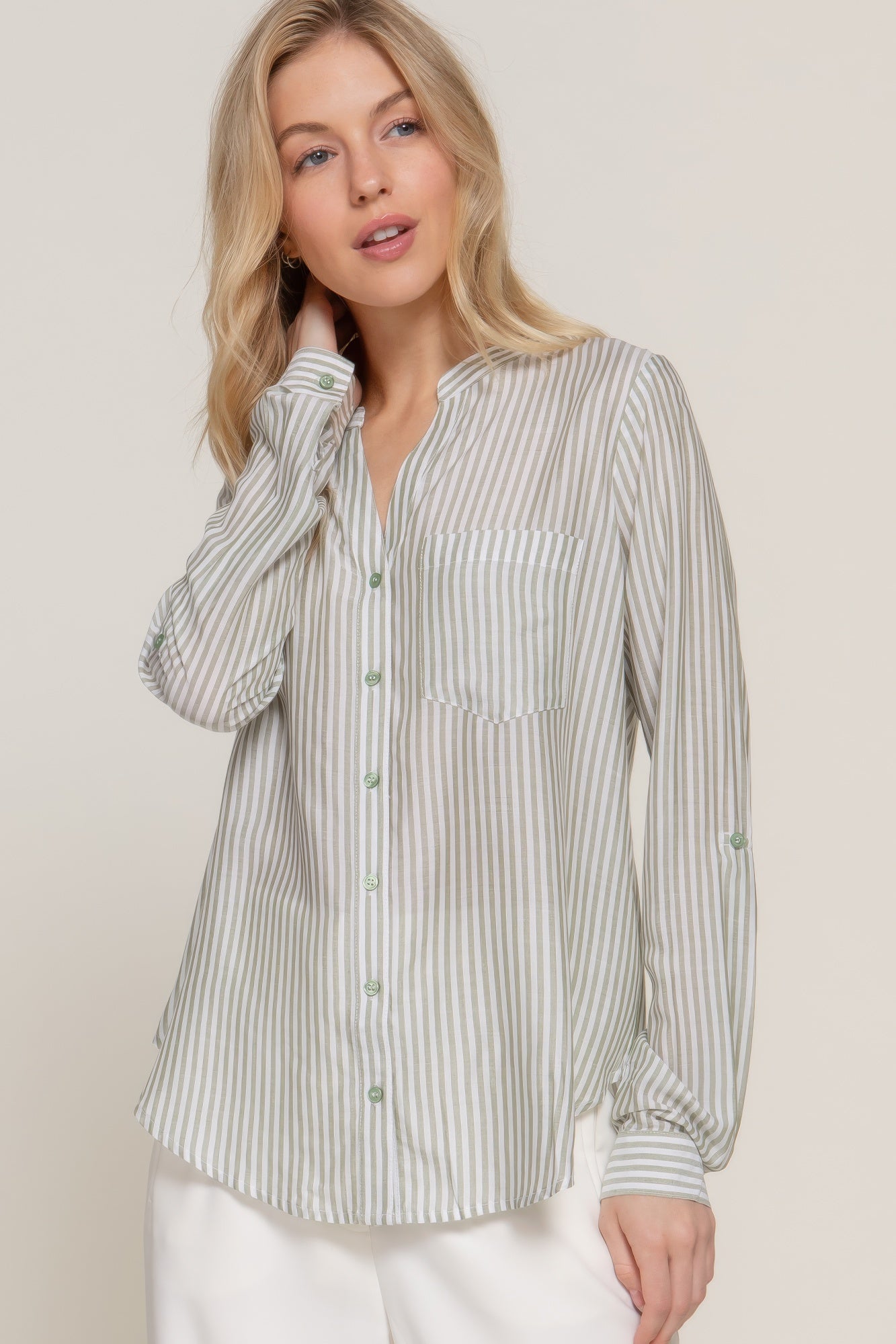 Long Slv Split Round Neck Stripe Woven Shirt-[Adult]-[Female]-2022 Online Blue Zone Planet