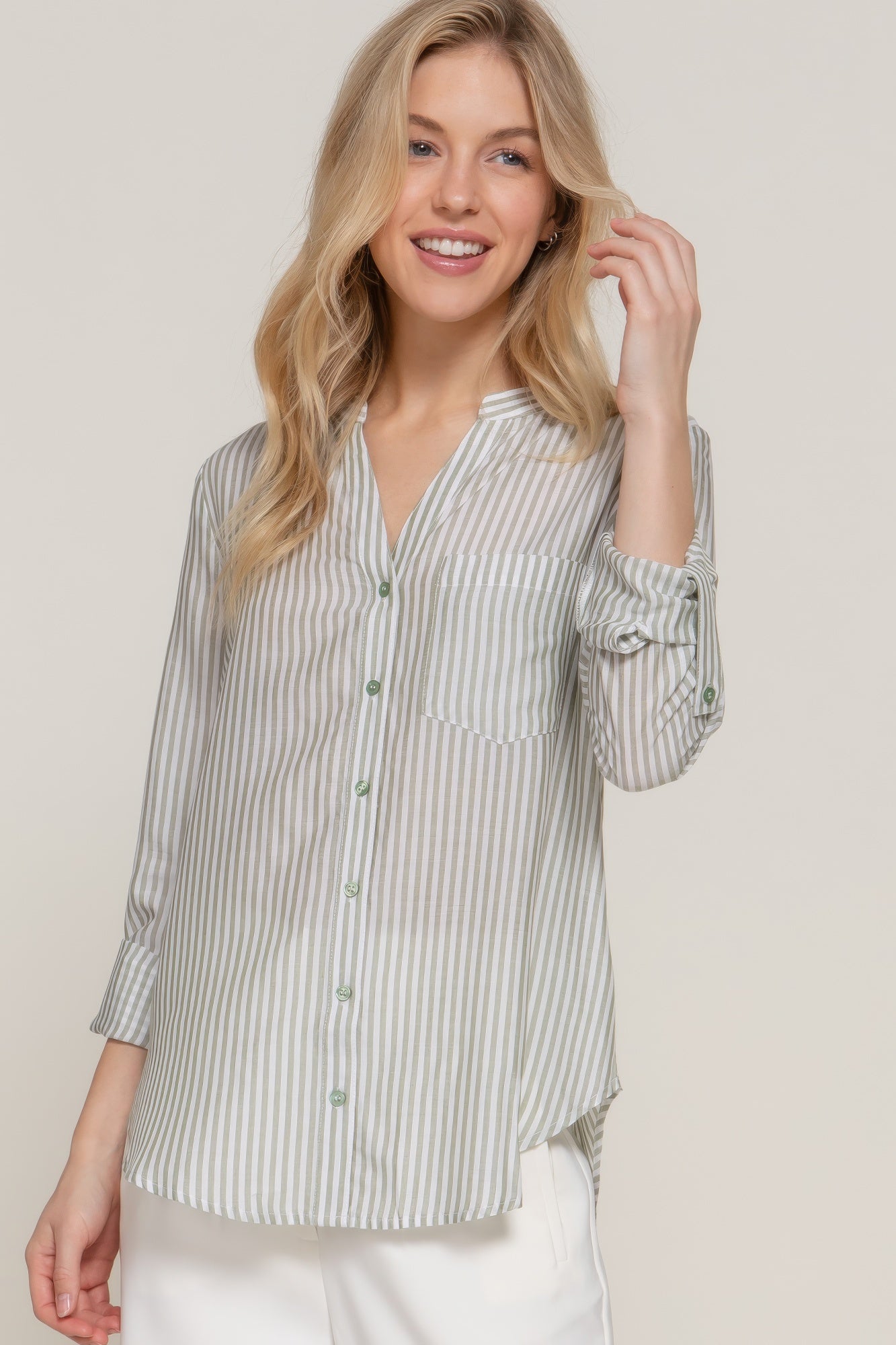 Long Slv Split Round Neck Stripe Woven Shirt-[Adult]-[Female]-2022 Online Blue Zone Planet