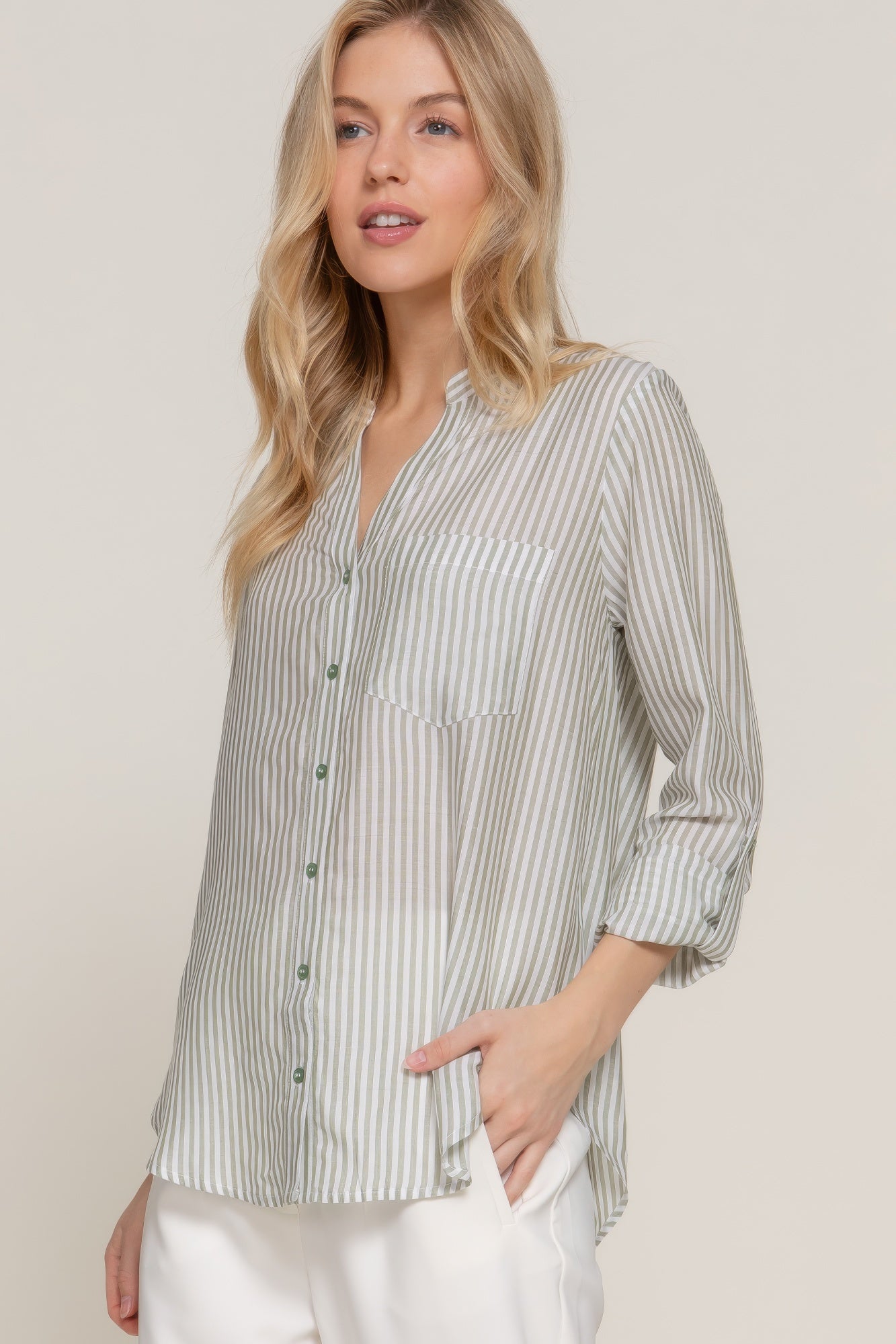 Long Slv Split Round Neck Stripe Woven Shirt-[Adult]-[Female]-Olive-S-2022 Online Blue Zone Planet