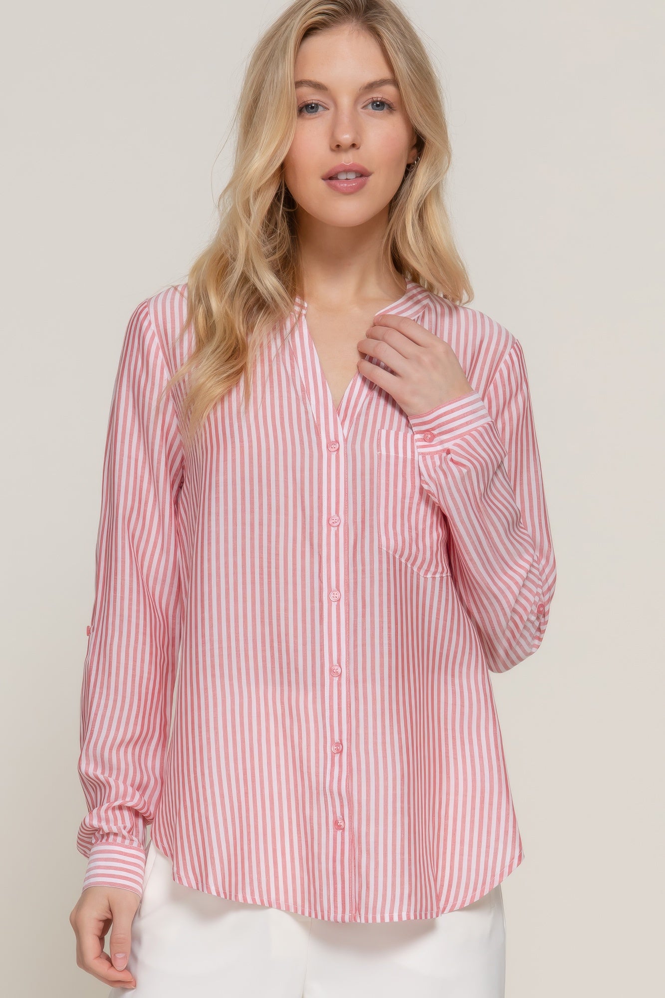 Long Slv Split Round Neck Stripe Woven Shirt-[Adult]-[Female]-2022 Online Blue Zone Planet