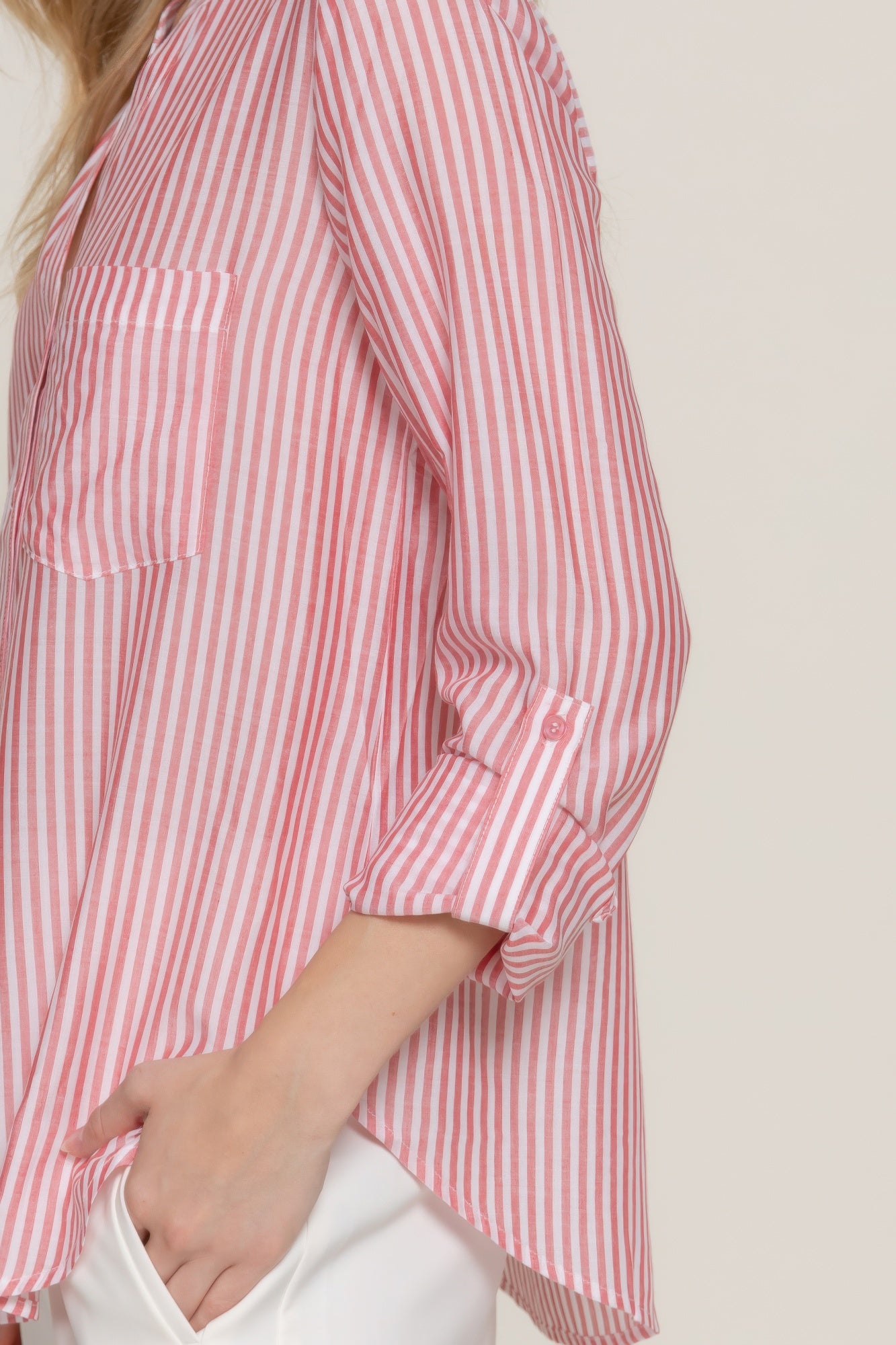 Long Slv Split Round Neck Stripe Woven Shirt-[Adult]-[Female]-Red-S-2022 Online Blue Zone Planet