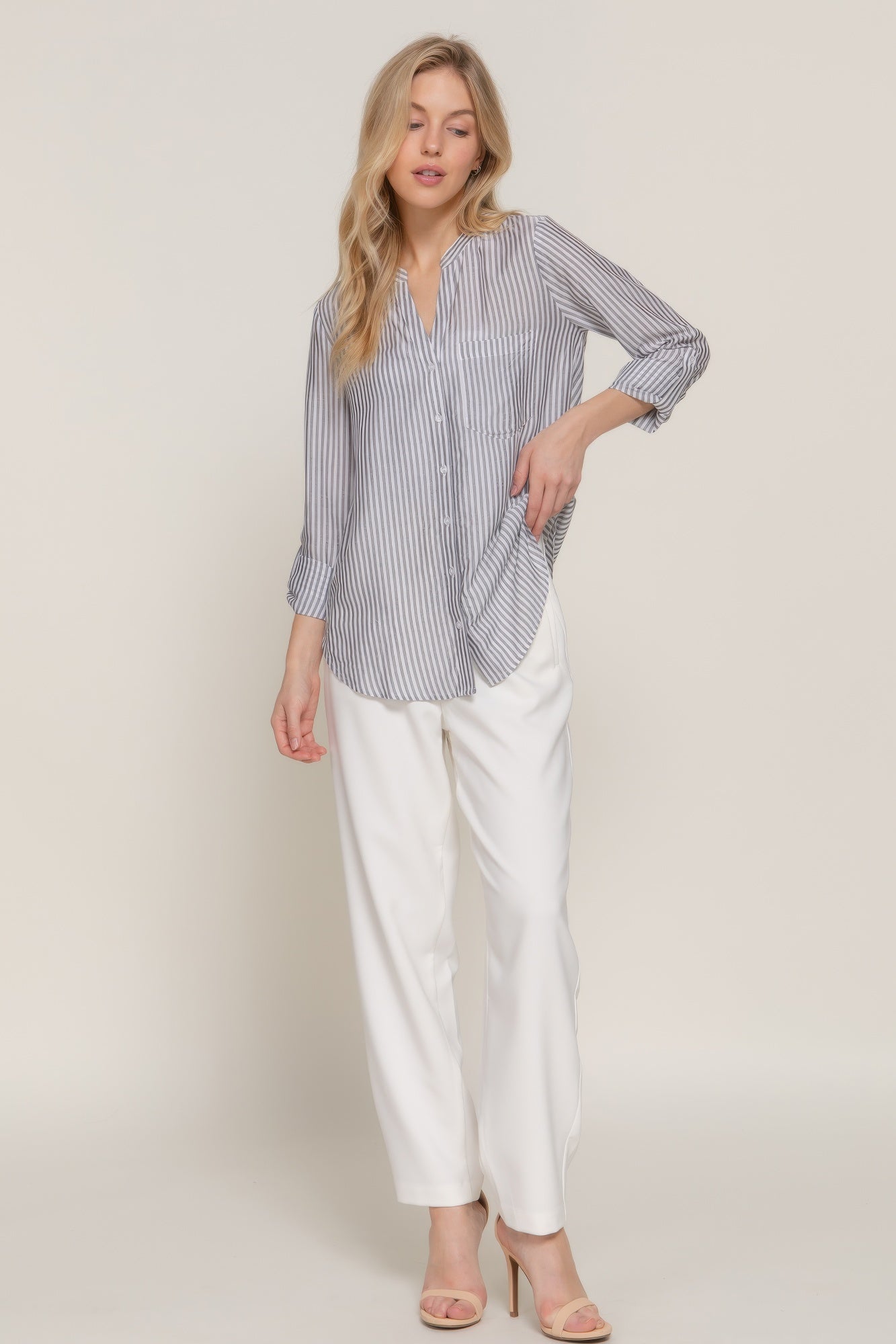 Long Slv Split Round Neck Stripe Woven Shirt-[Adult]-[Female]-2022 Online Blue Zone Planet