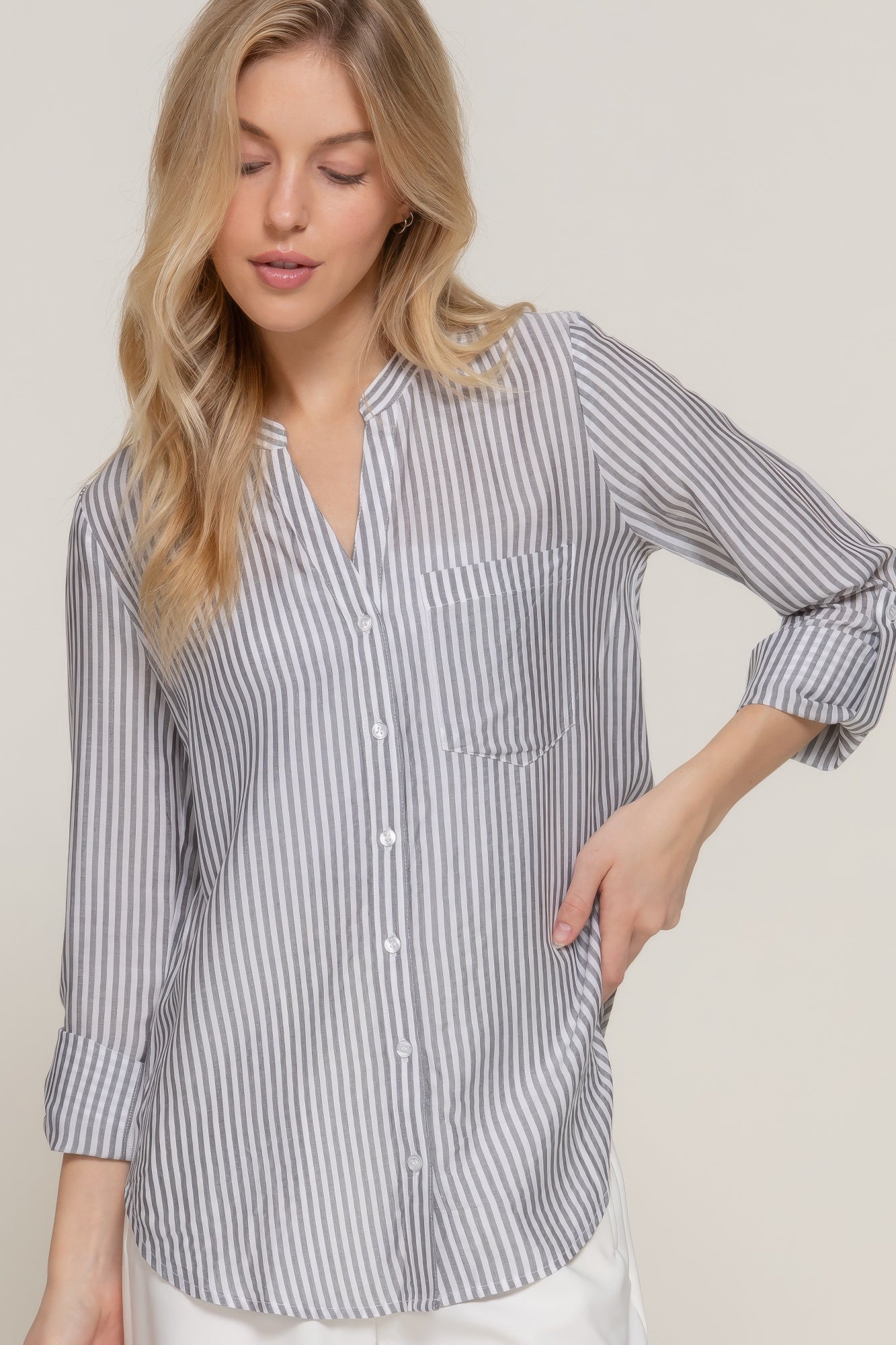 Long Slv Split Round Neck Stripe Woven Shirt-[Adult]-[Female]-2022 Online Blue Zone Planet