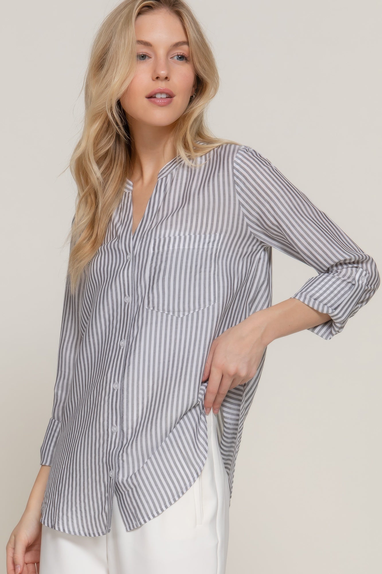 Long Slv Split Round Neck Stripe Woven Shirt-[Adult]-[Female]-2022 Online Blue Zone Planet