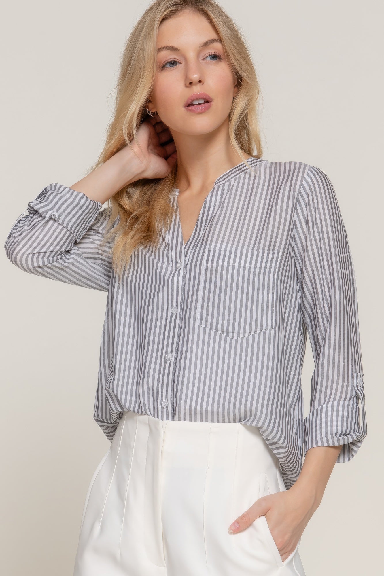 Long Slv Split Round Neck Stripe Woven Shirt-[Adult]-[Female]-2022 Online Blue Zone Planet