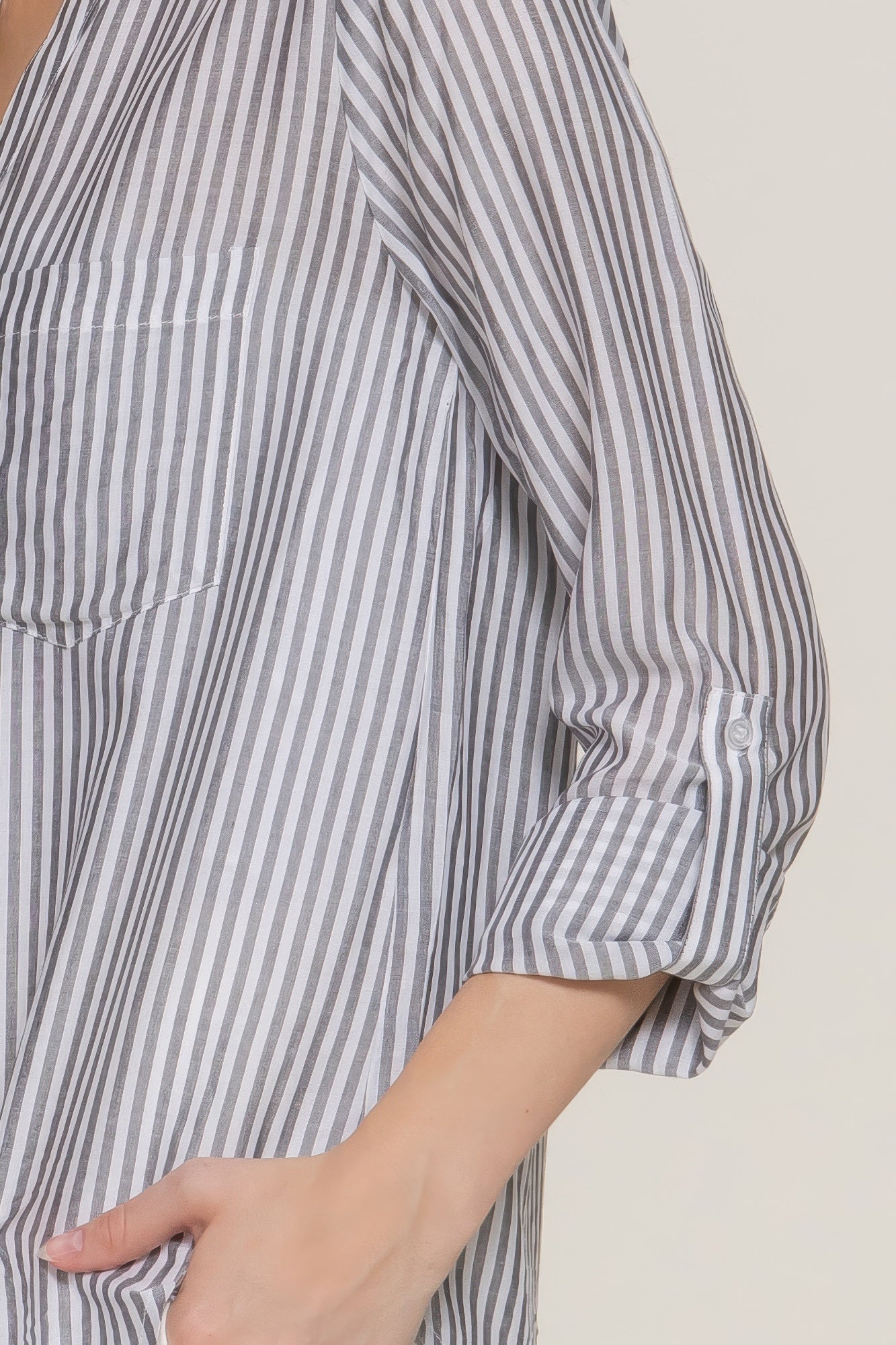 Long Slv Split Round Neck Stripe Woven Shirt-[Adult]-[Female]-2022 Online Blue Zone Planet