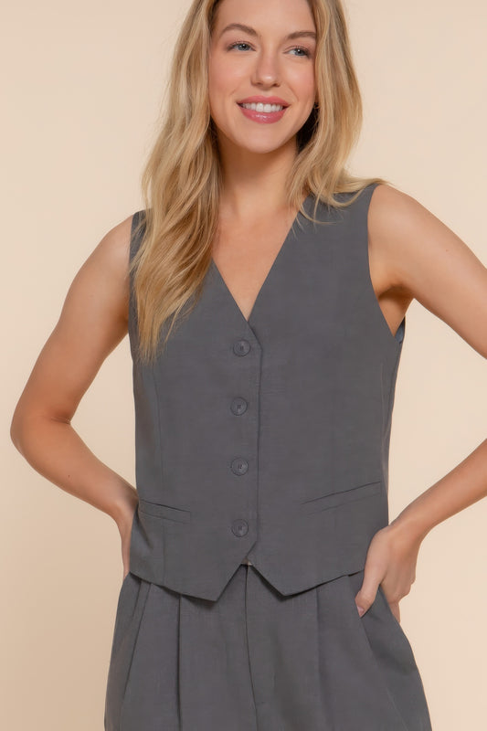 V-neckline W/front Button Closure Vest-[Adult]-[Female]-Heather Charcoal-S-2022 Online Blue Zone Planet