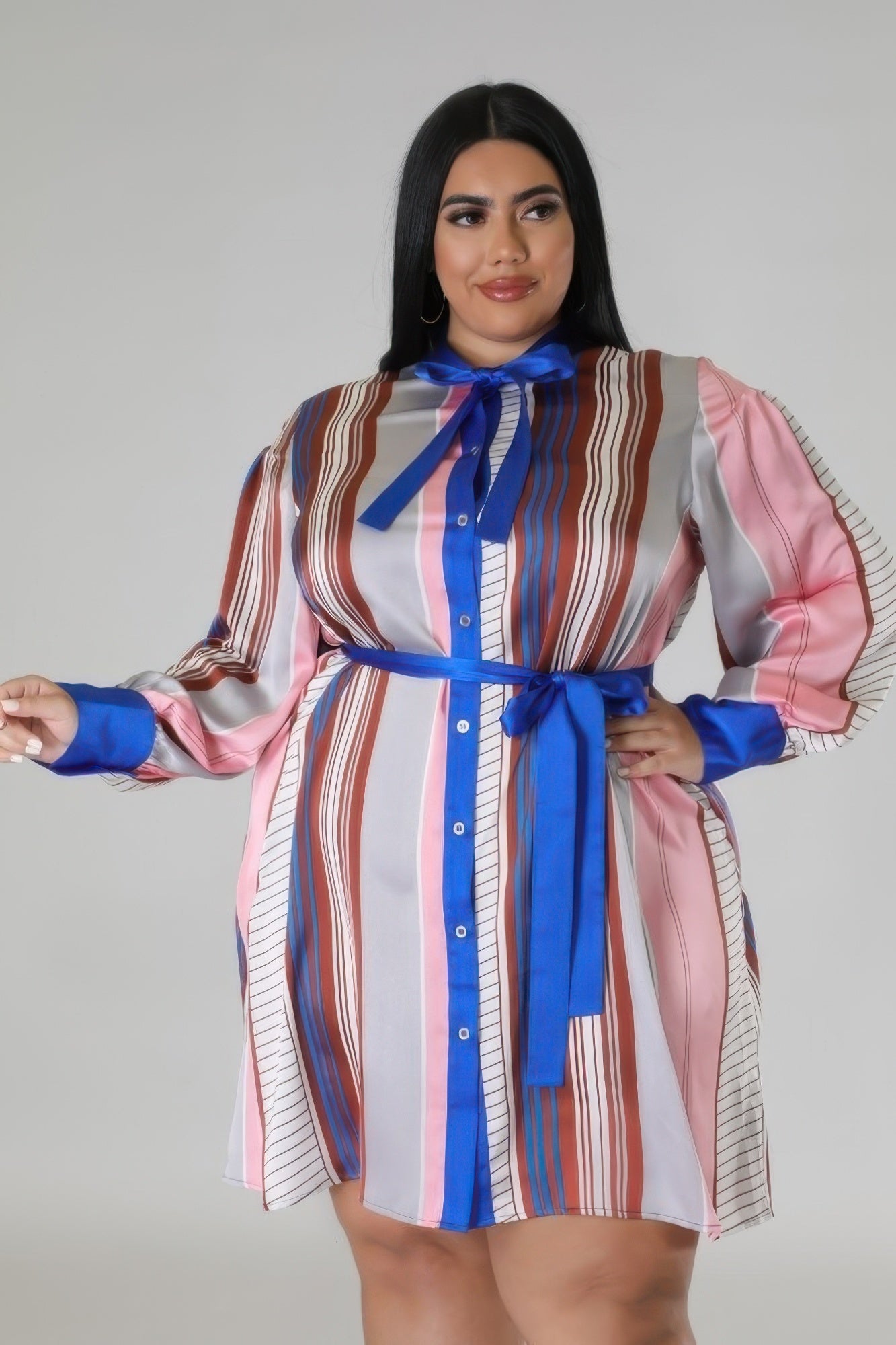 Blue Zone Planet | Long Sleeves Non-stretch Dress-TOPS / DRESSES-[Adult]-[Female]-Brown/Blue-1XL-2022 Online Blue Zone Planet