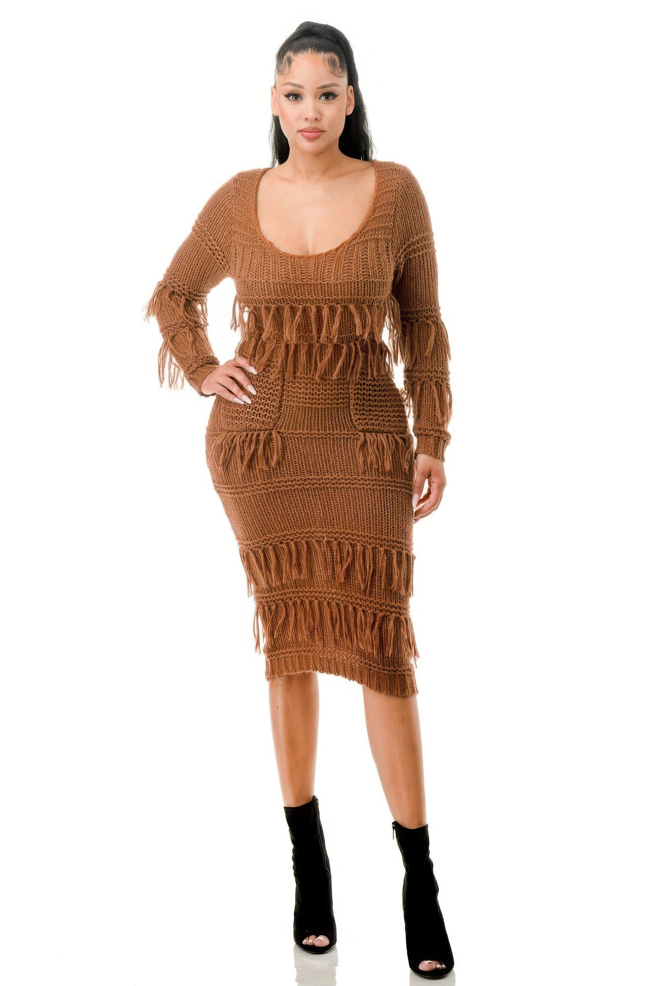 Blue Zone Planet | Knit Long Sleeve Fringe Dress-TOPS / DRESSES-[Adult]-[Female]-Mocha-S-2022 Online Blue Zone Planet