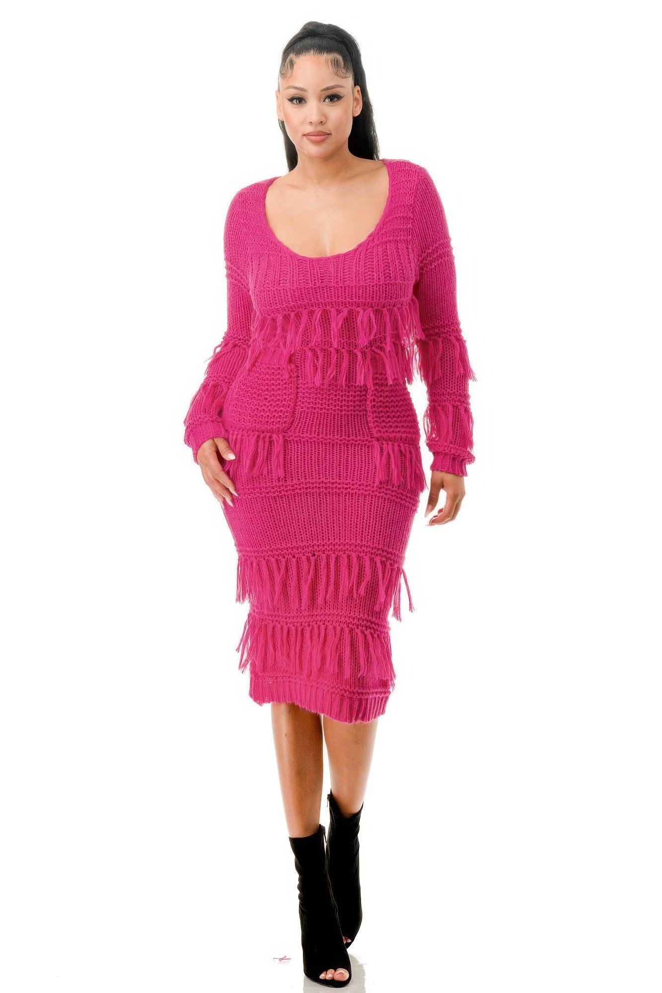 Blue Zone Planet | Knit Long Sleeve Fringe Dress-TOPS / DRESSES-[Adult]-[Female]-Pink-S-2022 Online Blue Zone Planet