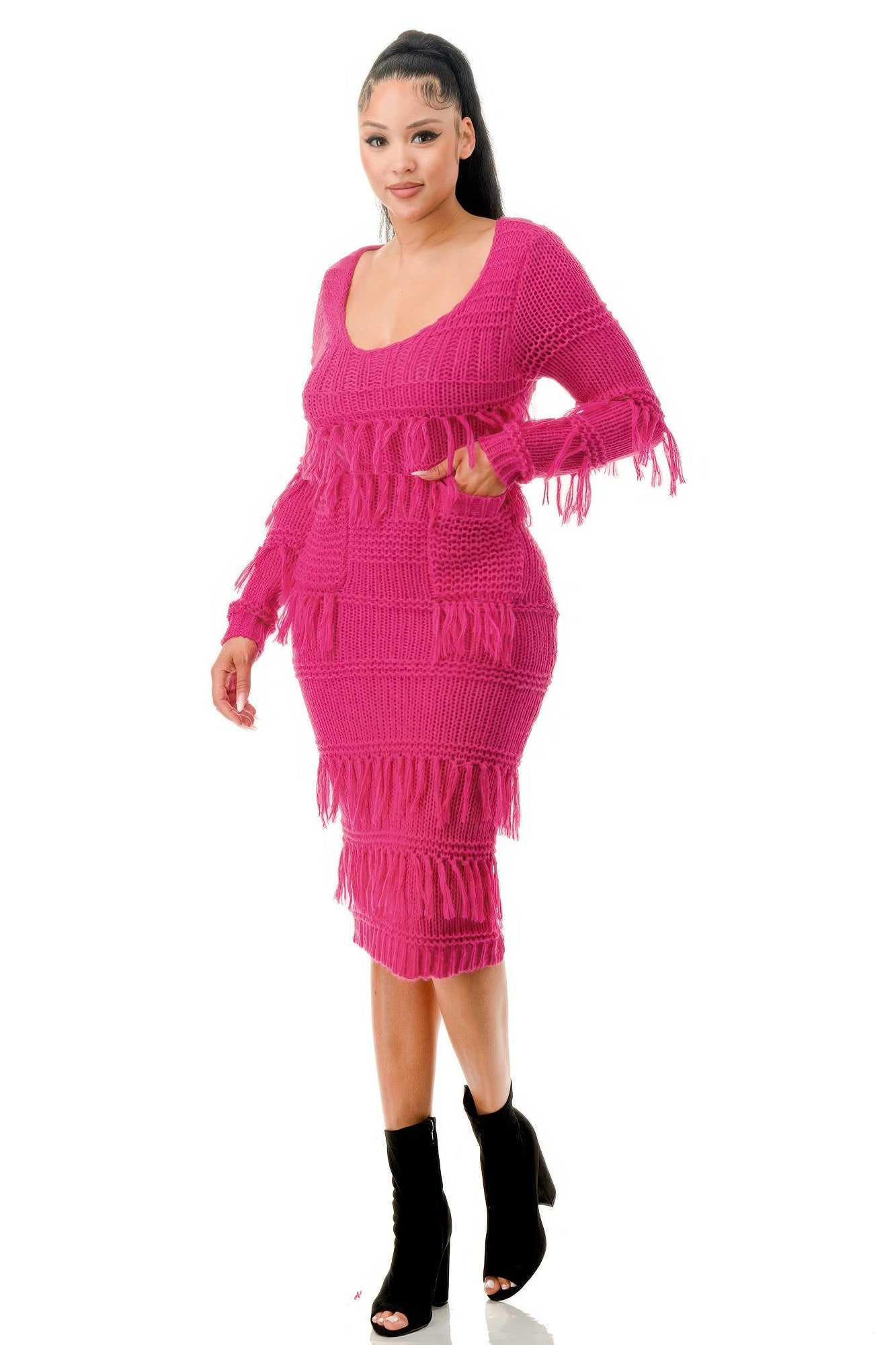 Blue Zone Planet | Knit Long Sleeve Fringe Dress-TOPS / DRESSES-[Adult]-[Female]-2022 Online Blue Zone Planet