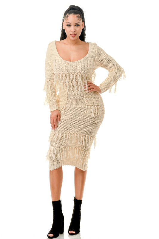 Blue Zone Planet | Knit Long Sleeve Fringe Dress-TOPS / DRESSES-[Adult]-[Female]-Ivory-S-2022 Online Blue Zone Planet