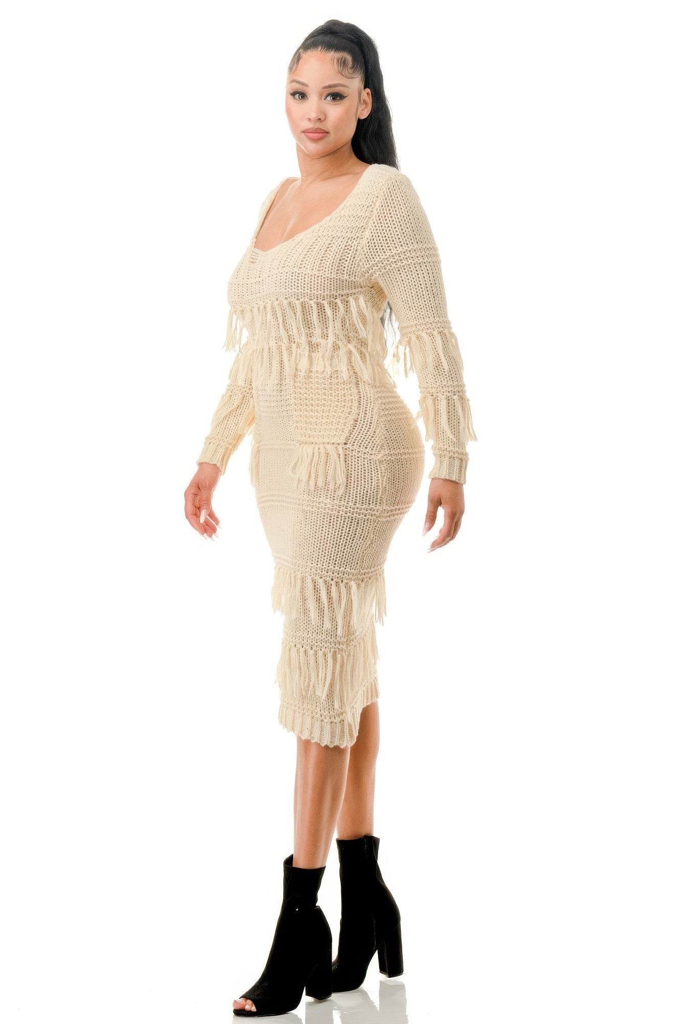 Blue Zone Planet | Knit Long Sleeve Fringe Dress-TOPS / DRESSES-[Adult]-[Female]-2022 Online Blue Zone Planet