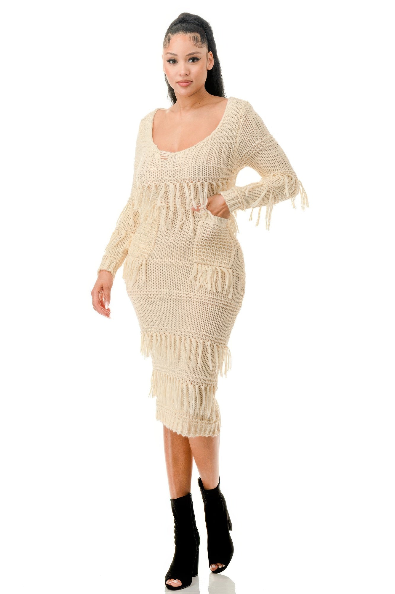 Blue Zone Planet | Knit Long Sleeve Fringe Dress-TOPS / DRESSES-[Adult]-[Female]-2022 Online Blue Zone Planet