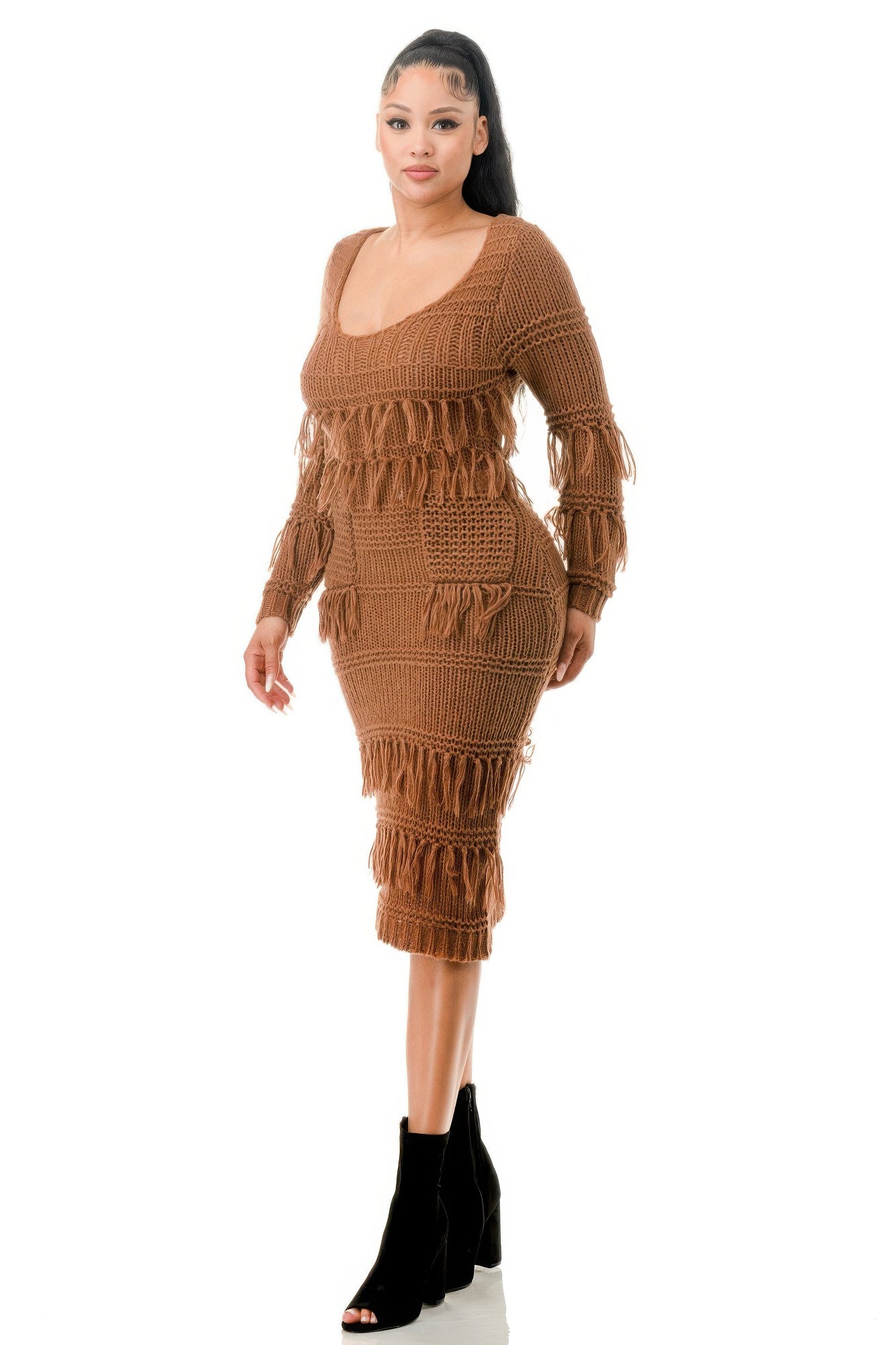 Blue Zone Planet | Knit Long Sleeve Fringe Dress-TOPS / DRESSES-[Adult]-[Female]-2022 Online Blue Zone Planet