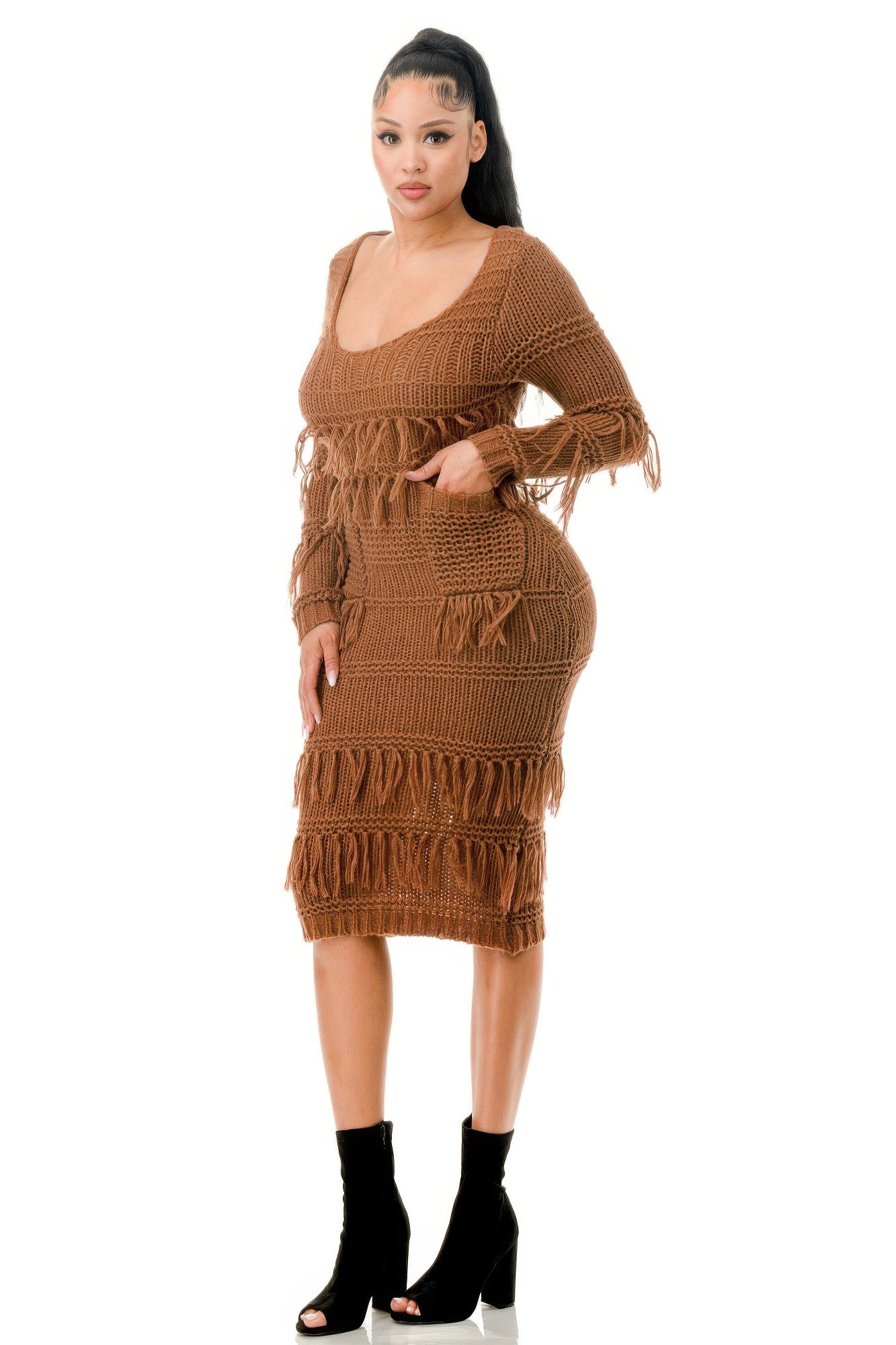 Blue Zone Planet | Knit Long Sleeve Fringe Dress-TOPS / DRESSES-[Adult]-[Female]-2022 Online Blue Zone Planet