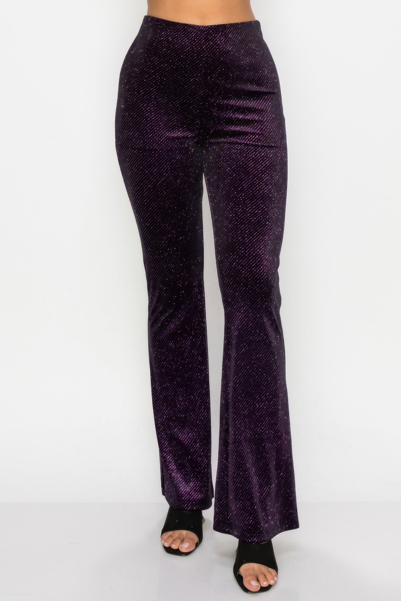 Blue Zone Planet | Glittery Flare High-rise Elastic Pants-[Adult]-[Female]-Black/Purple-S-2022 Online Blue Zone Planet