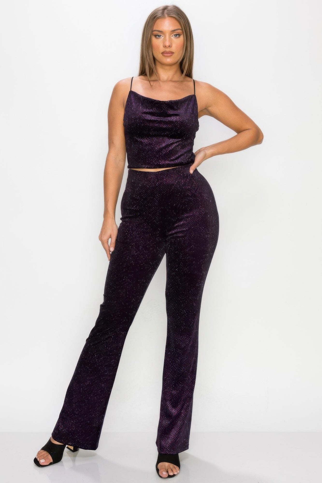 Blue Zone Planet | Glittery Flare High-rise Elastic Pants-[Adult]-[Female]-2022 Online Blue Zone Planet