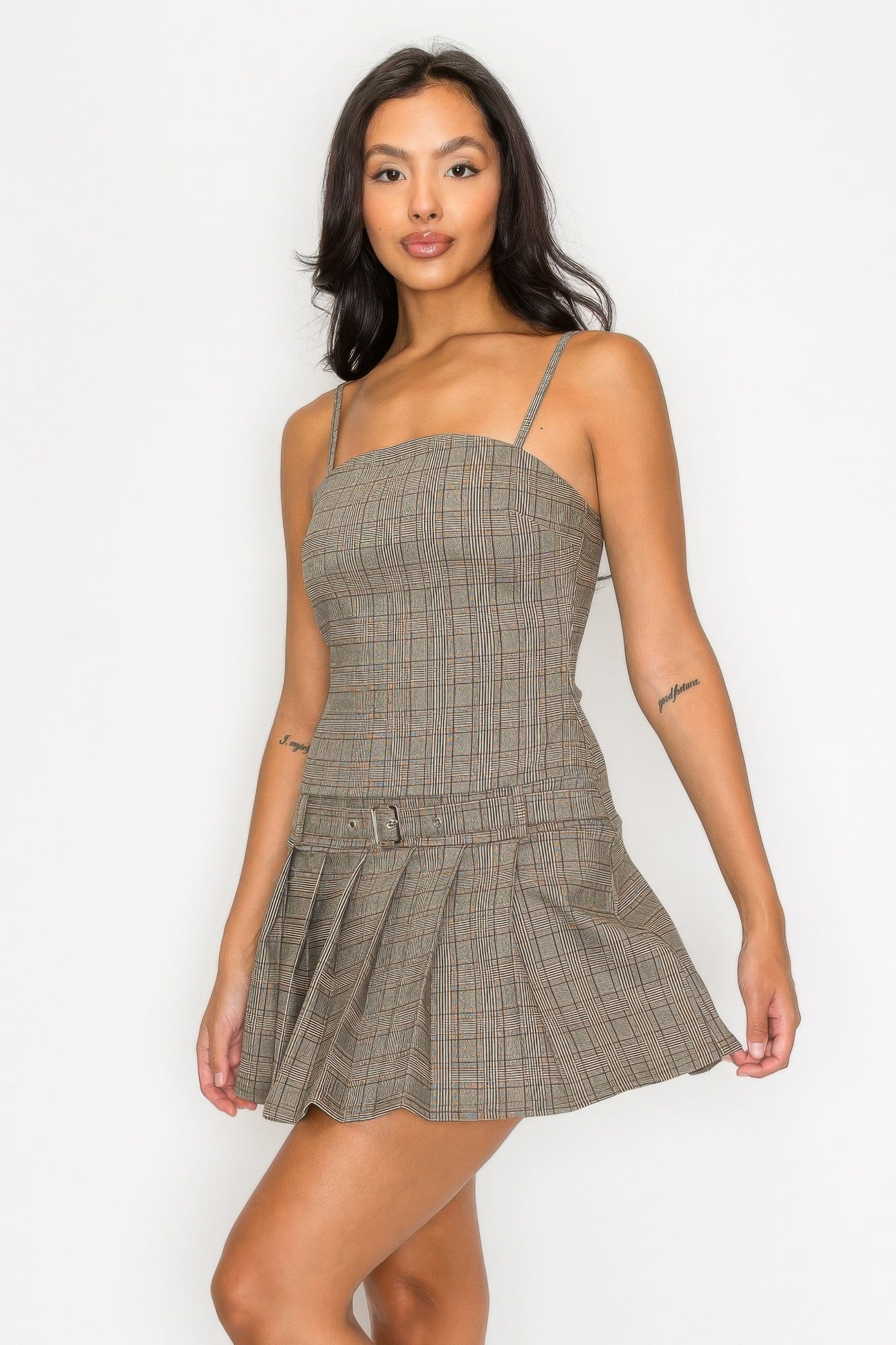 Blue Zone Planet | Belted Plaid Zip-up Pleated Dress-TOPS / DRESSES-[Adult]-[Female]-2022 Online Blue Zone Planet