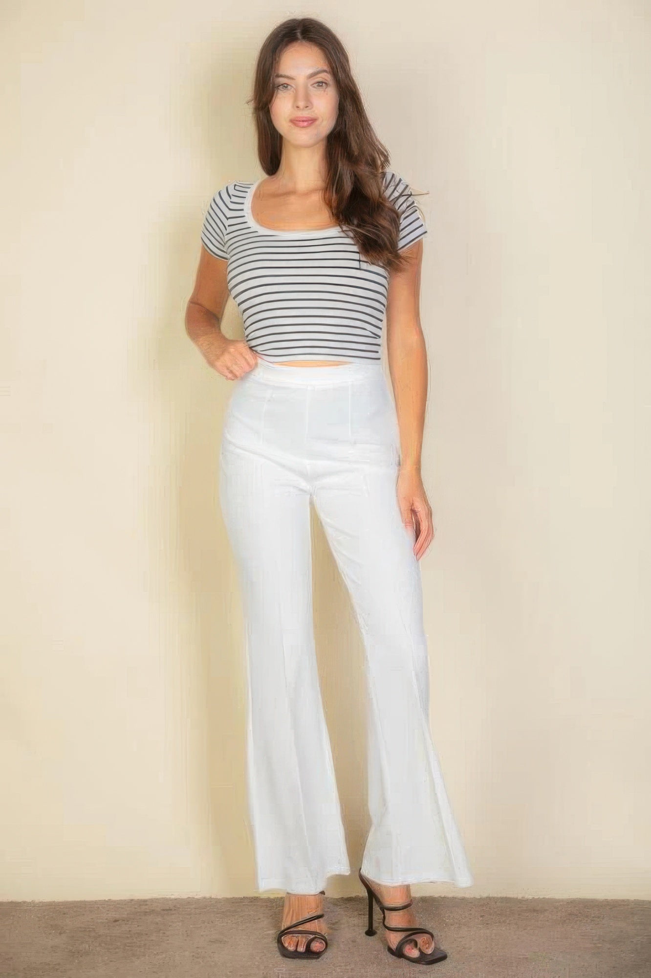 Blue Zone Planet | High Waist Stretch Crepe Flare Pants-[Adult]-[Female]-White-S-2022 Online Blue Zone Planet