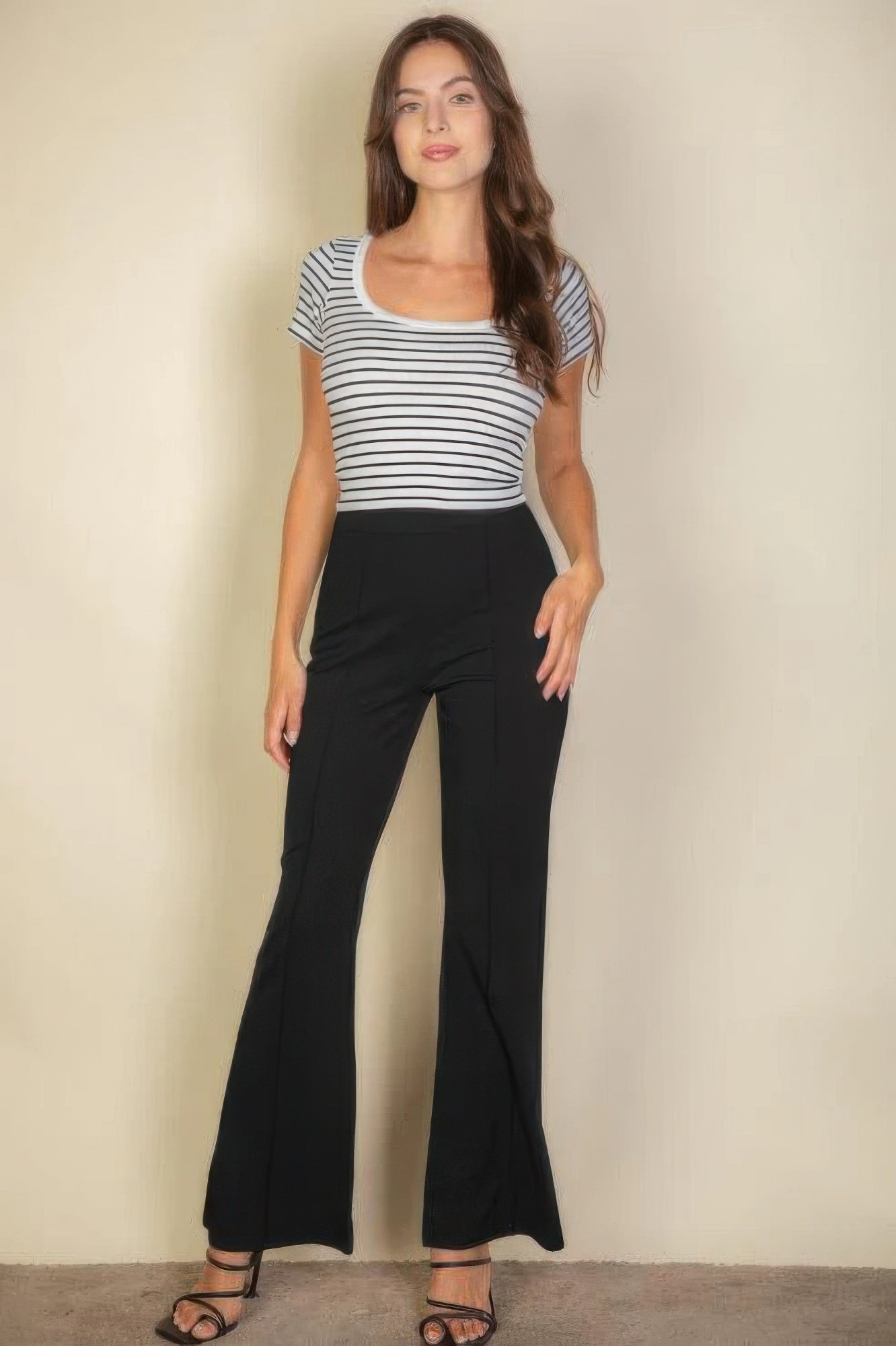 Blue Zone Planet | High Waist Stretch Crepe Flare Pants-[Adult]-[Female]-2022 Online Blue Zone Planet