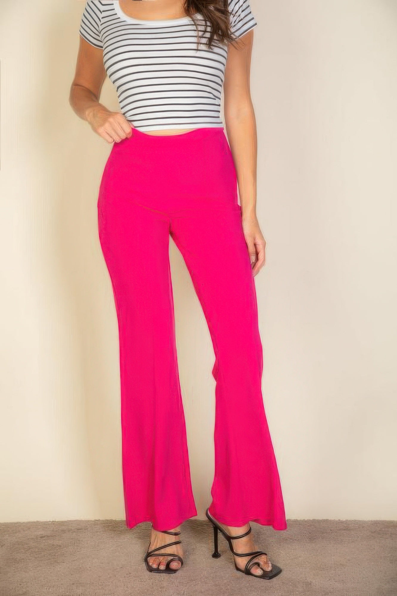 Blue Zone Planet | High Waist Stretch Crepe Flare Pants-[Adult]-[Female]-2022 Online Blue Zone Planet