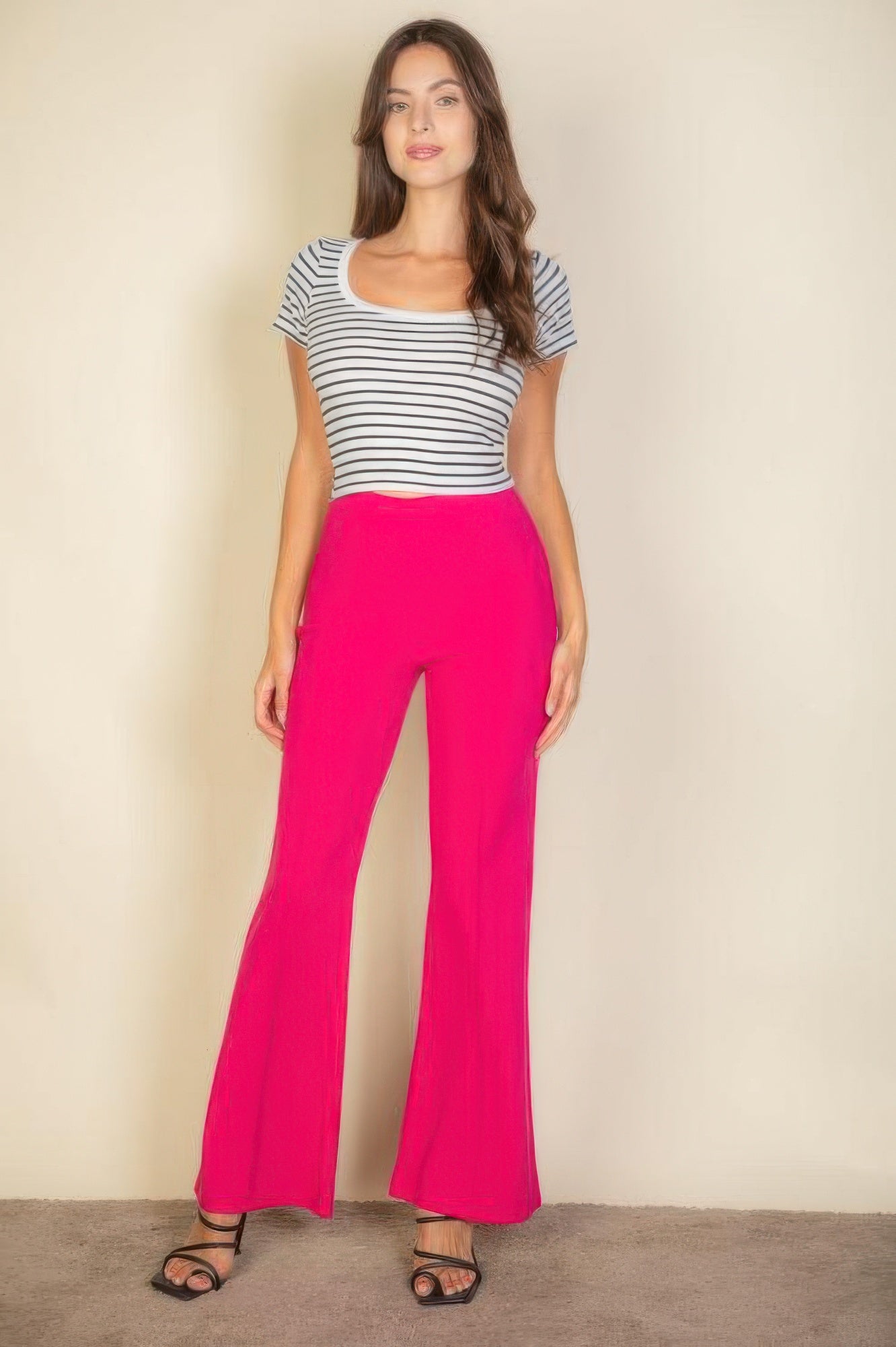 Blue Zone Planet | High Waist Stretch Crepe Flare Pants-[Adult]-[Female]-2022 Online Blue Zone Planet