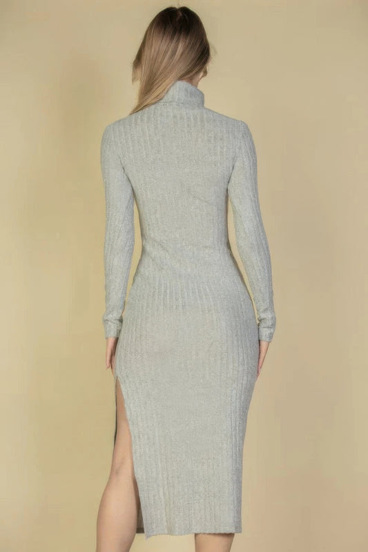 Blue Zone Planet | Sweater-knit Fuzzy Turtle Neck Split Thigh Dress-TOPS / DRESSES-[Adult]-[Female]-Light Grey-S-2022 Online Blue Zone Planet