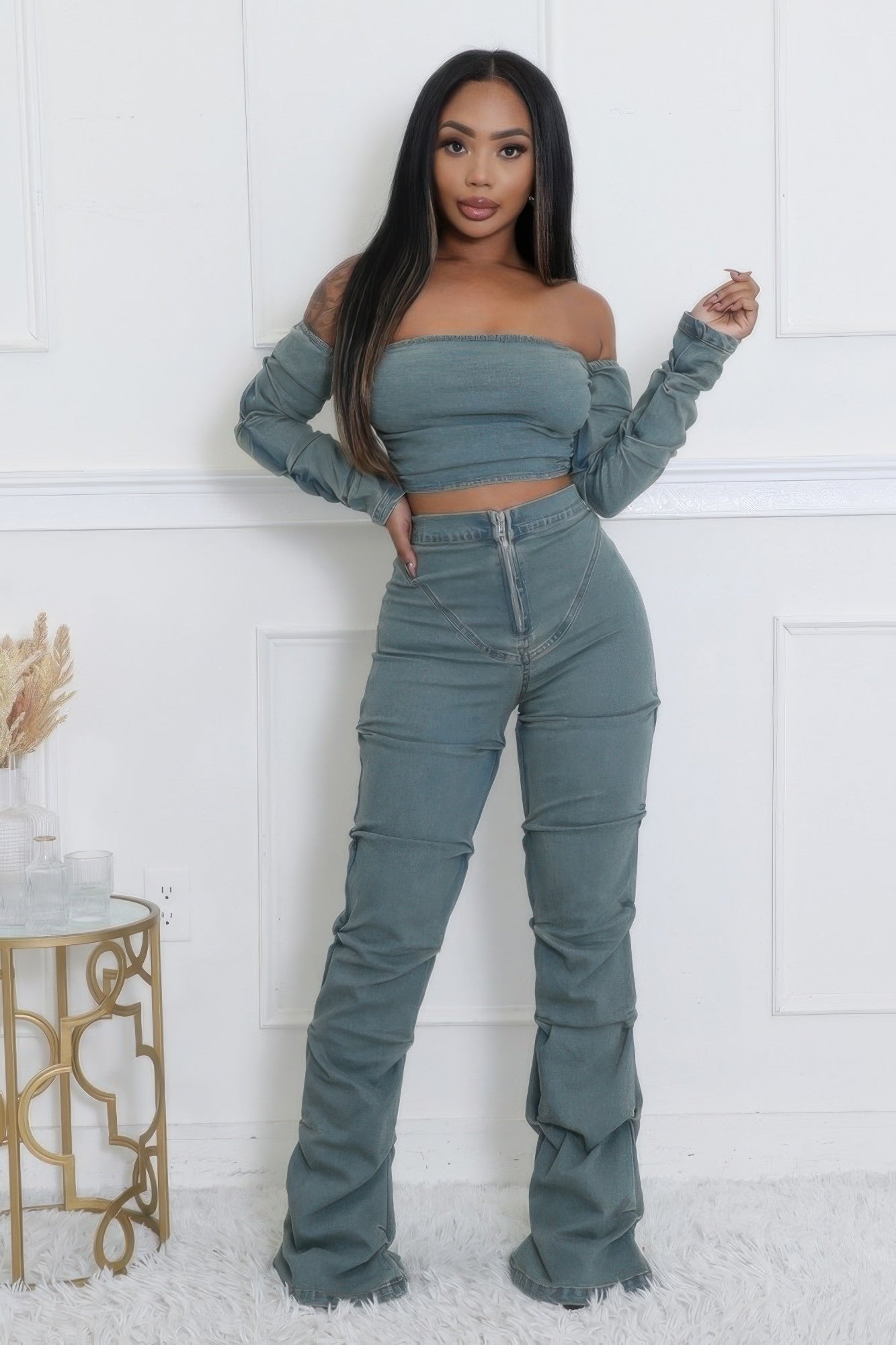 Denim Off The Shoulder Stretch Pant Set-TOPS / DRESSES-[Adult]-[Female]-S-2022 Online Blue Zone Planet