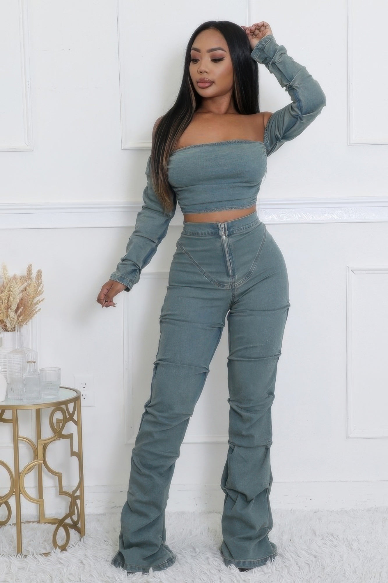 Denim Off The Shoulder Stretch Pant Set-TOPS / DRESSES-[Adult]-[Female]-2022 Online Blue Zone Planet