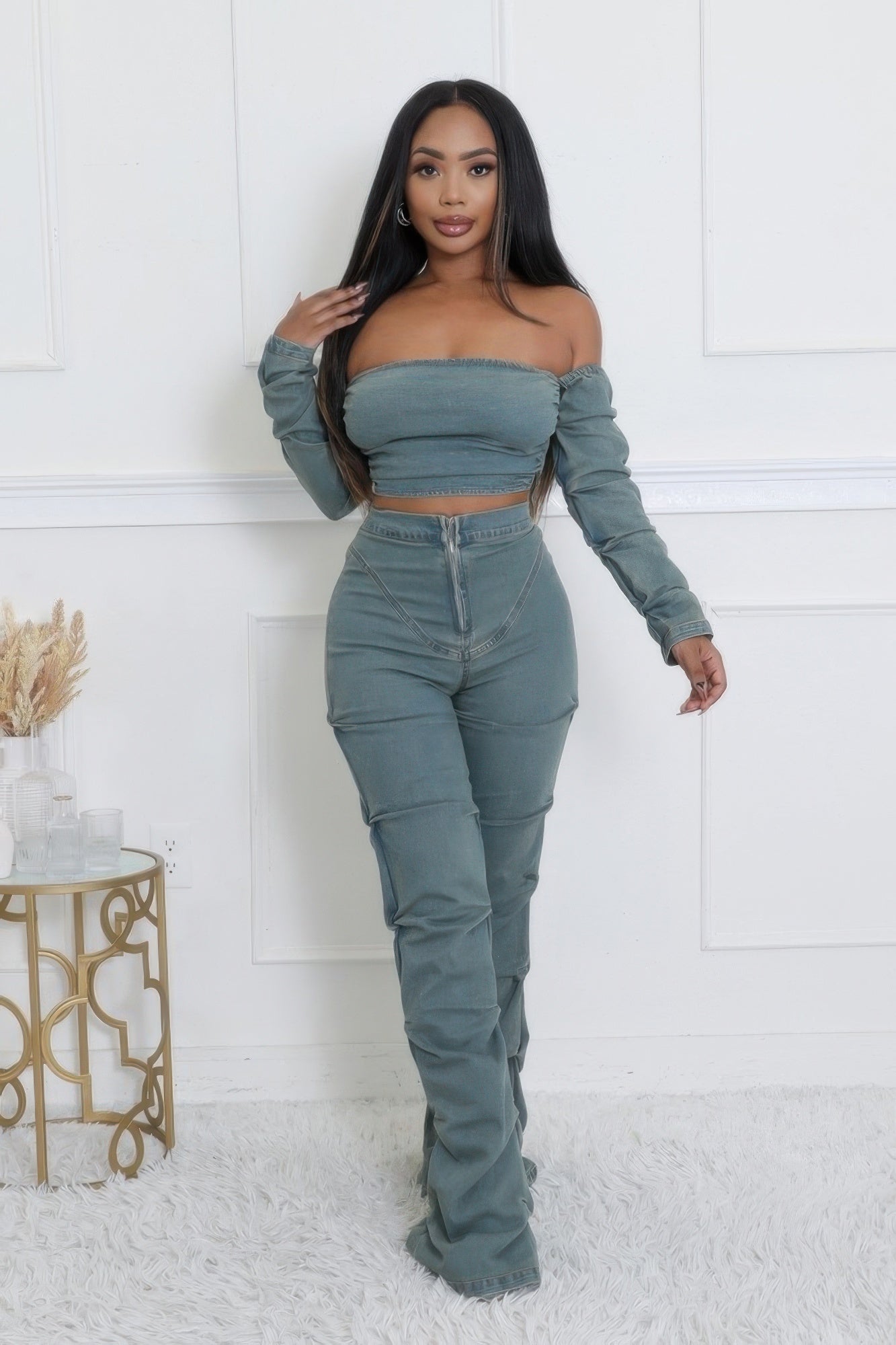 Denim Off The Shoulder Stretch Pant Set-TOPS / DRESSES-[Adult]-[Female]-2022 Online Blue Zone Planet