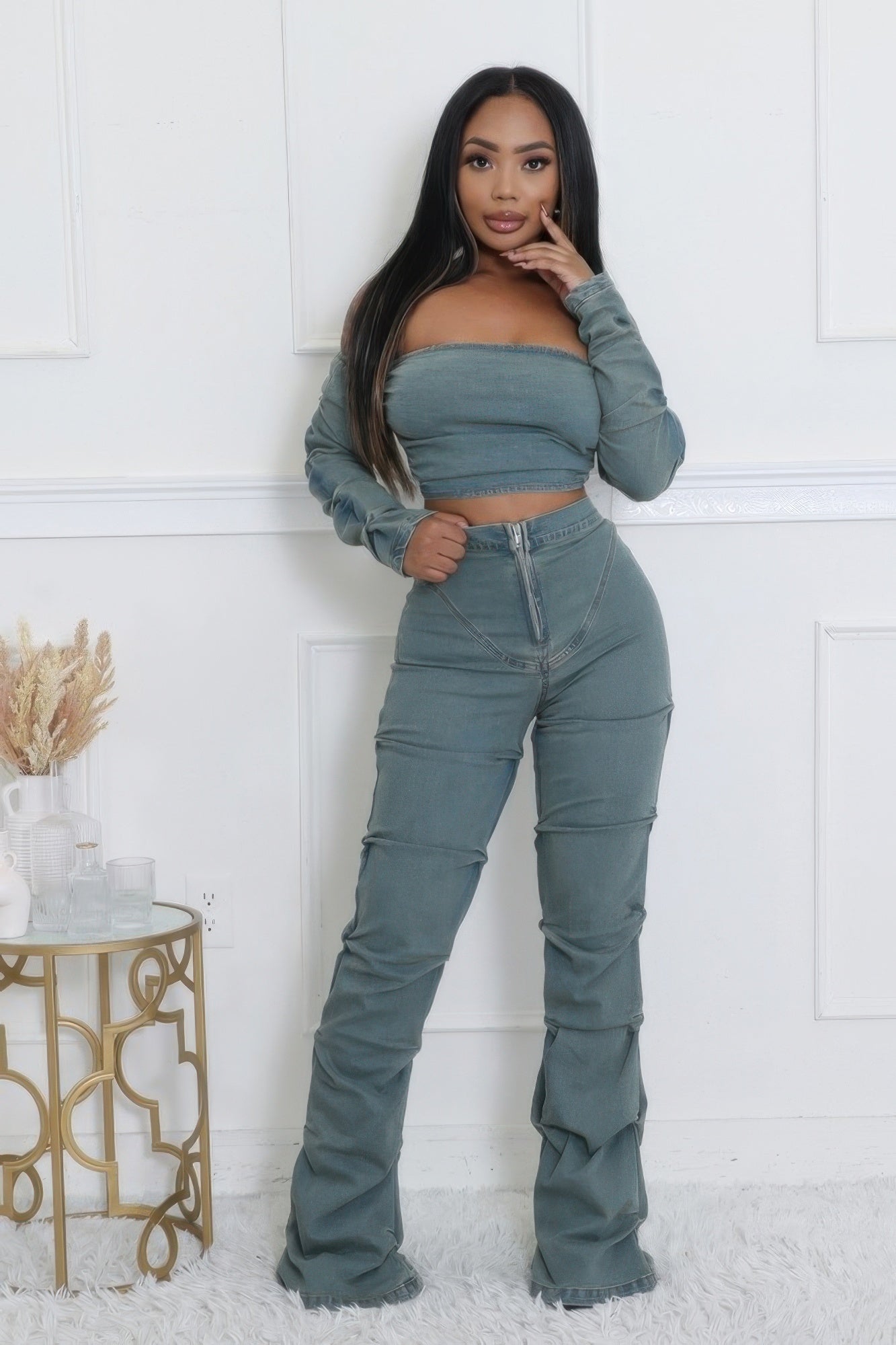 Denim Off The Shoulder Stretch Pant Set-TOPS / DRESSES-[Adult]-[Female]-2022 Online Blue Zone Planet