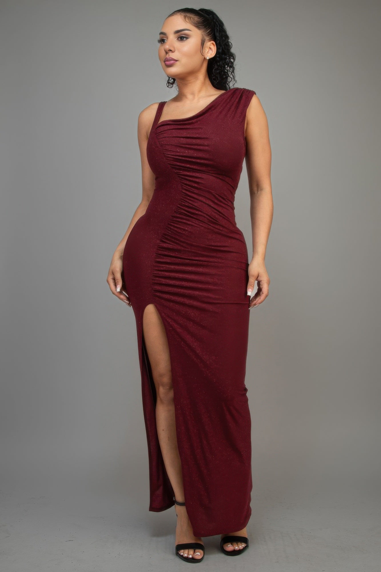 Barbara's Glitter Slitted Maxi Dress-TOPS / DRESSES-[Adult]-[Female]-Burgundy-S-2022 Online Blue Zone Planet