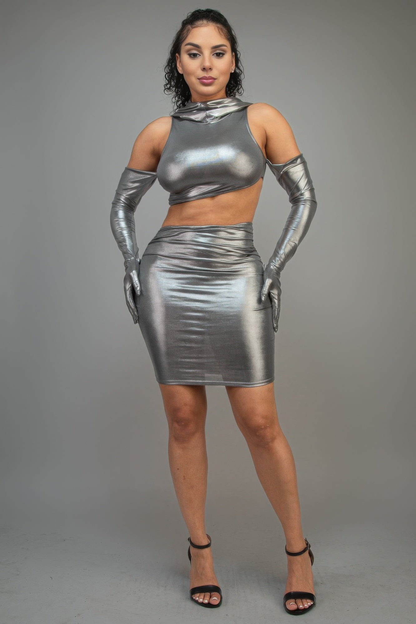 Metallic Mini Dress With Gloves & Hoodie-TOPS / DRESSES-[Adult]-[Female]-2022 Online Blue Zone Planet