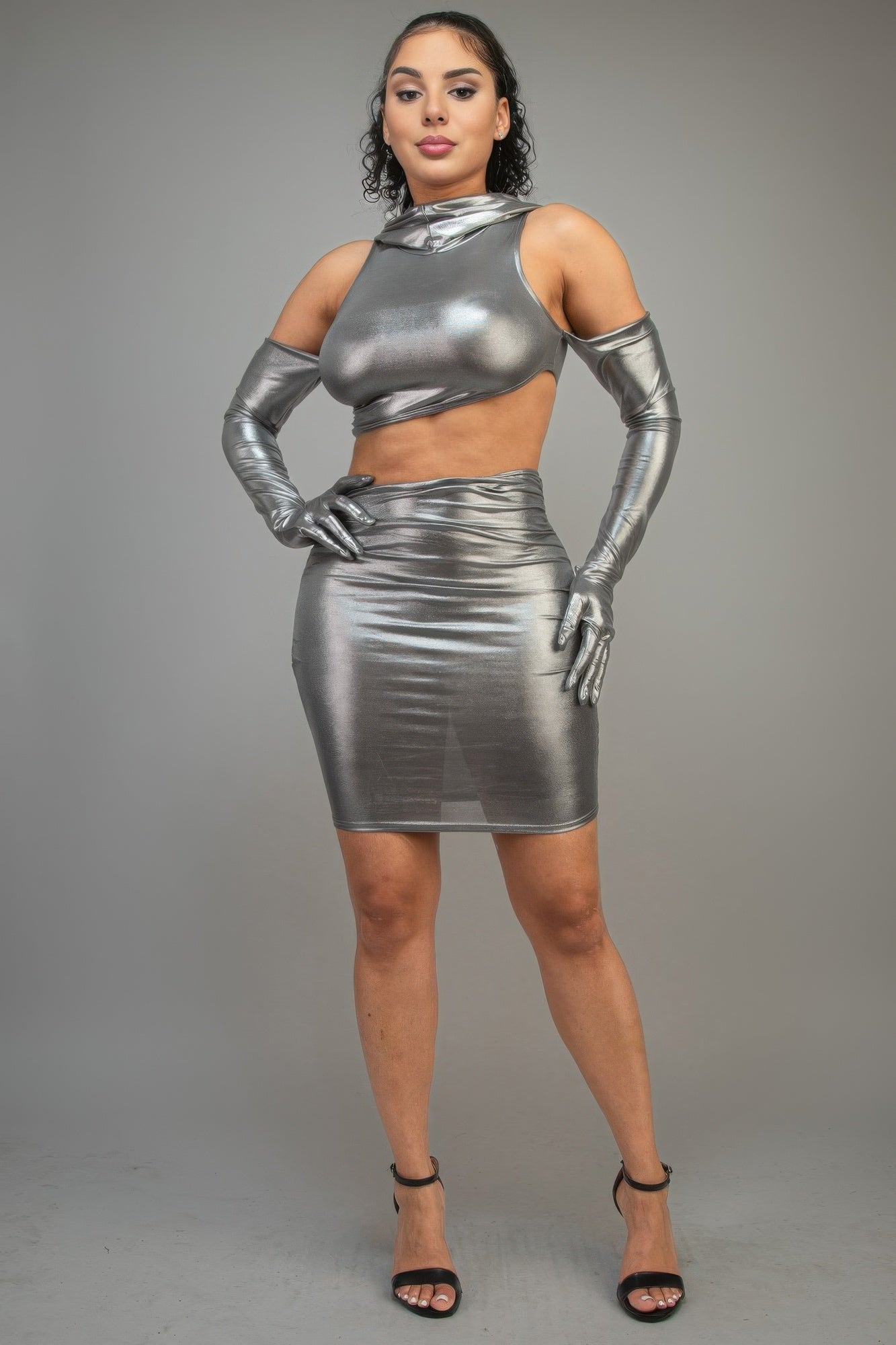 Metallic Mini Dress With Gloves & Hoodie-TOPS / DRESSES-[Adult]-[Female]-2022 Online Blue Zone Planet