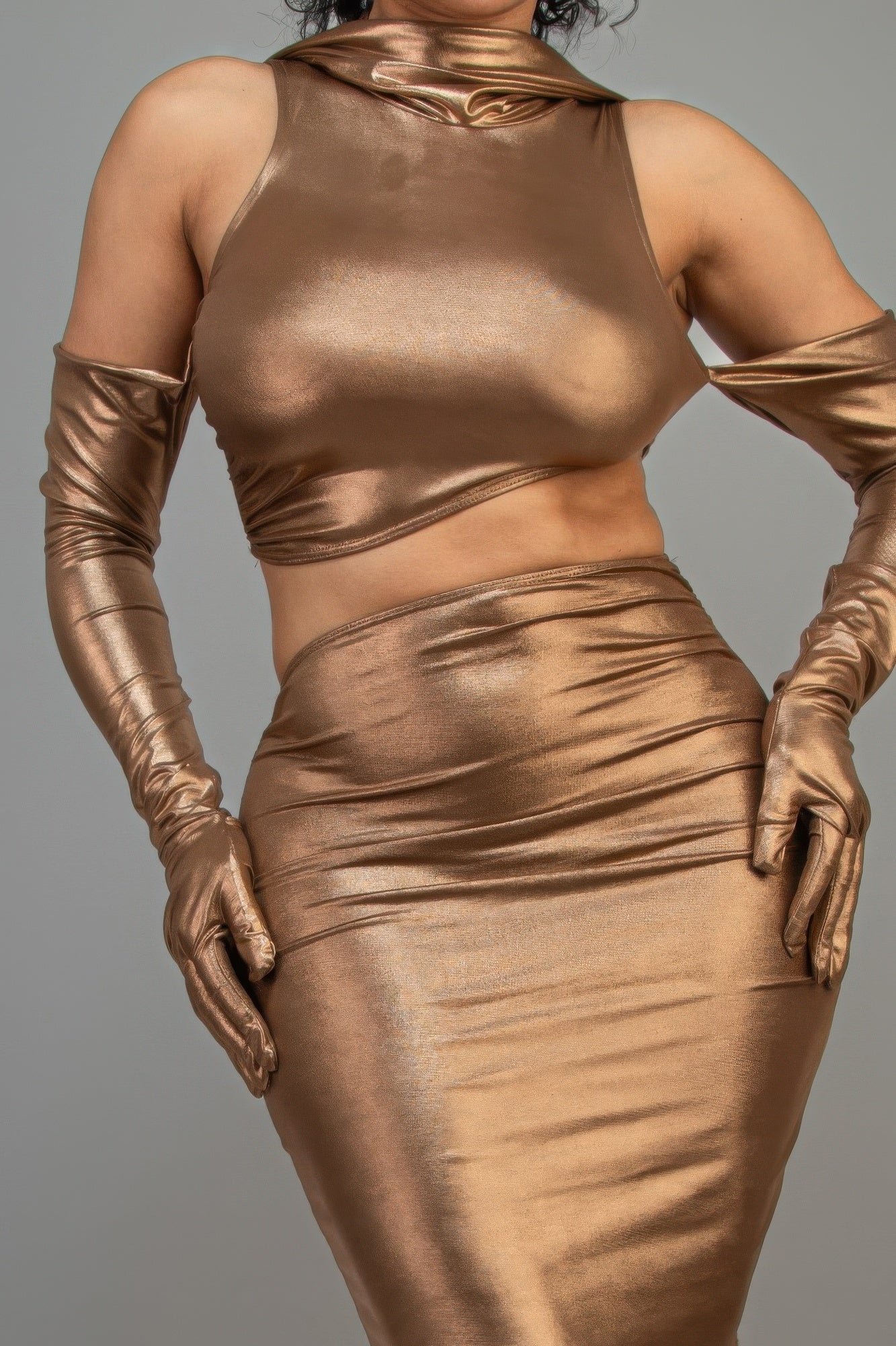 Metallic Mini Dress With Gloves & Hoodie-TOPS / DRESSES-[Adult]-[Female]-2022 Online Blue Zone Planet