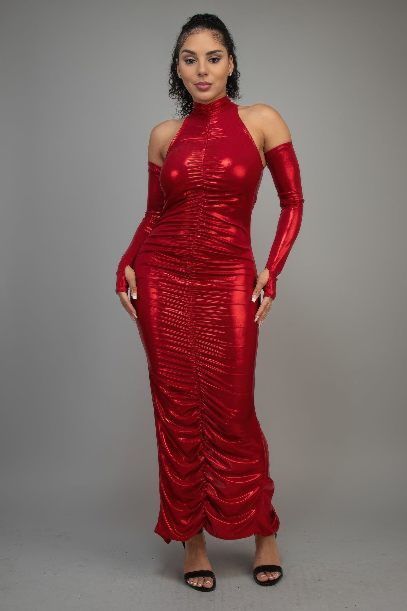metallic red dress long sleeve Open back long sleeve gown