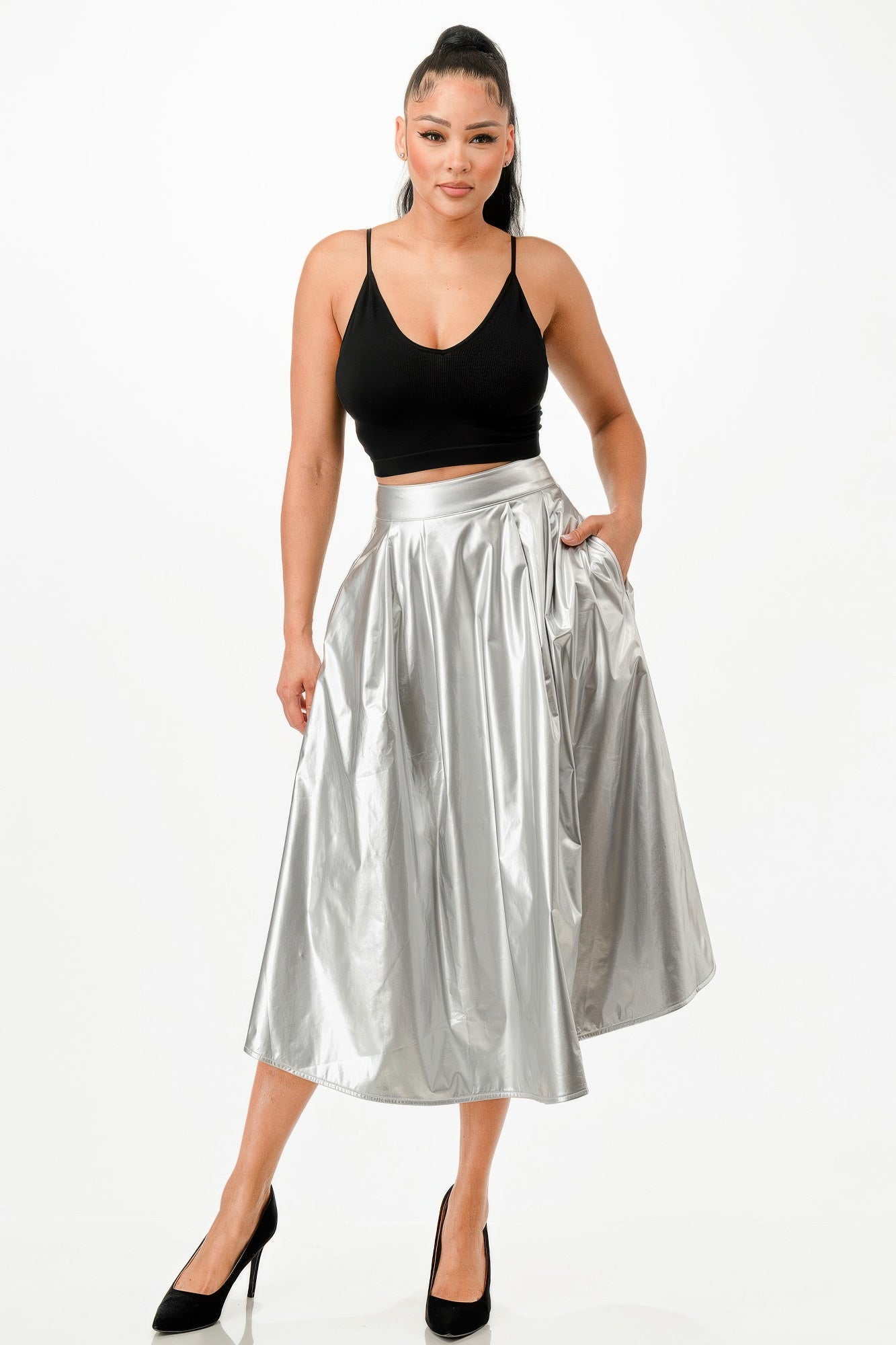 Amanda's Midi Skirt With Pockets-BOTTOM SIZES SMALL MEDIUM LARGE-[Adult]-[Female]-Silver-S-2022 Online Blue Zone Planet