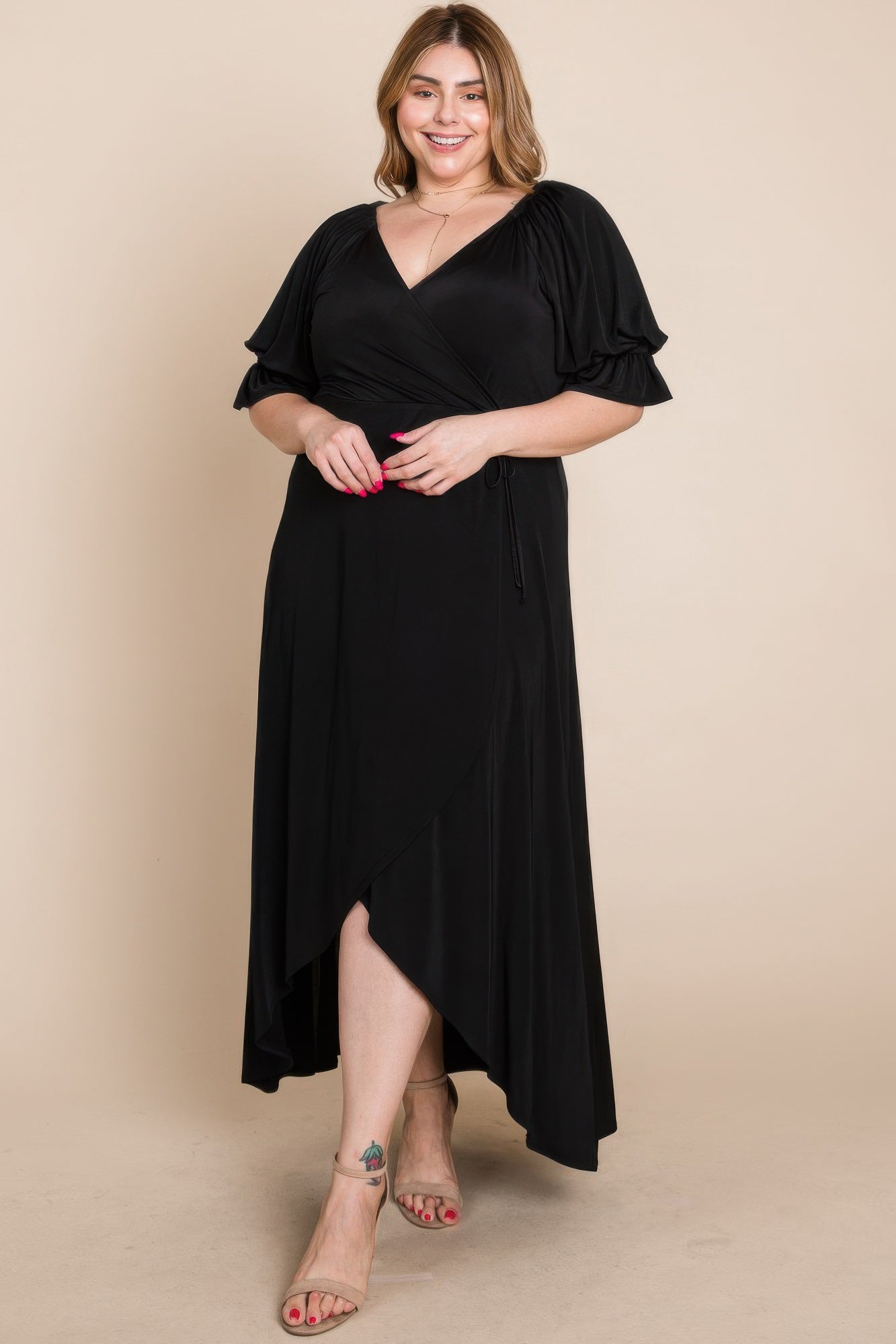 faux wrap maxi dress Women's 24seven Comfort Apparel Solid V-Neck Tulip Hem Ruffle Sleeve Faux Wrap Maxi Dress, Size: Small, Navy