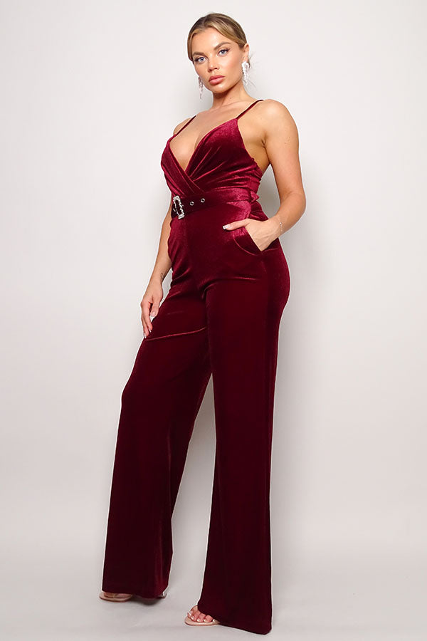 CEFIAN Samba Rhinestone Belt Velvet Jumpsuit Blue Zone Planet