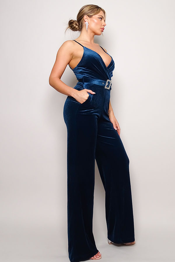 CEFIAN Samba Rhinestone Belt Velvet Jumpsuit Blue Zone Planet