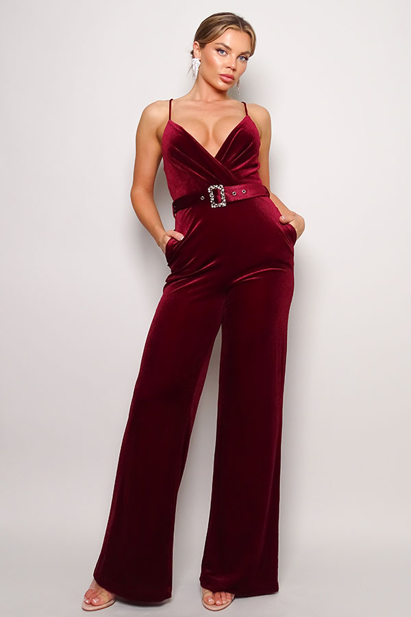 CEFIAN Samba Rhinestone Belt Velvet Jumpsuit Blue Zone Planet