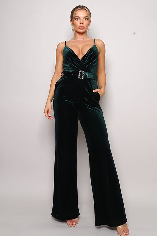 CEFIAN Samba Rhinestone Belt Velvet Jumpsuit Blue Zone Planet