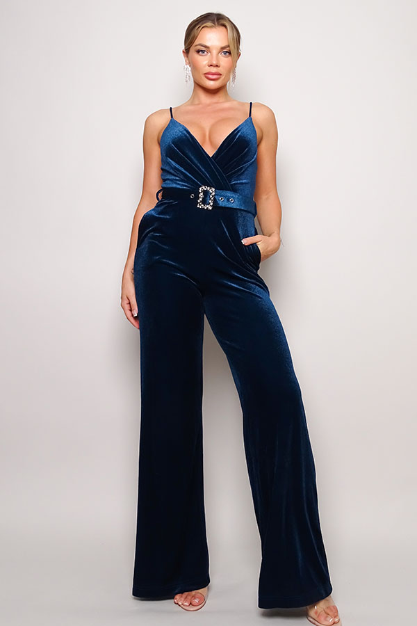 CEFIAN Samba Rhinestone Belt Velvet Jumpsuit Blue Zone Planet