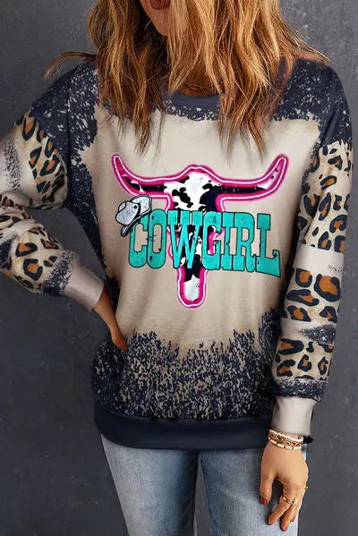 COWGIRL Leopard Round Neck Sweatshirt BLUE ZONE PLANET