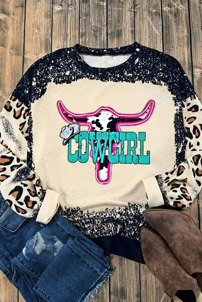 COWGIRL Leopard Round Neck Sweatshirt BLUE ZONE PLANET