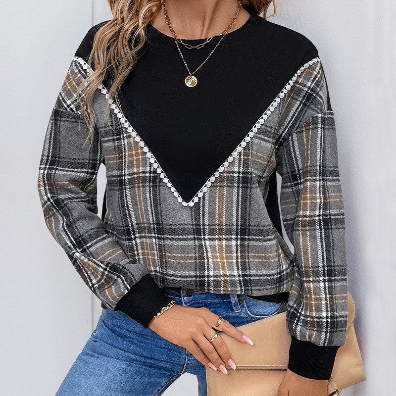 Plaid Pattern Crew Neck Sweatshirt-TOPS / DRESSES-[Adult]-[Female]-Black-S-2022 Online Blue Zone Planet