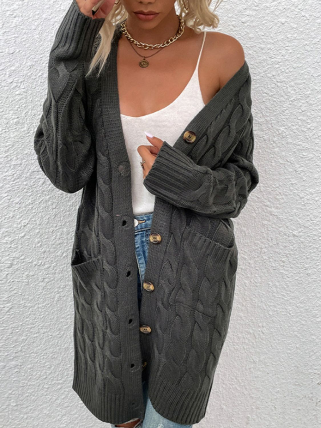 Cable-Knit Button Down Cardigan with Pockets BLUE ZONE PLANET