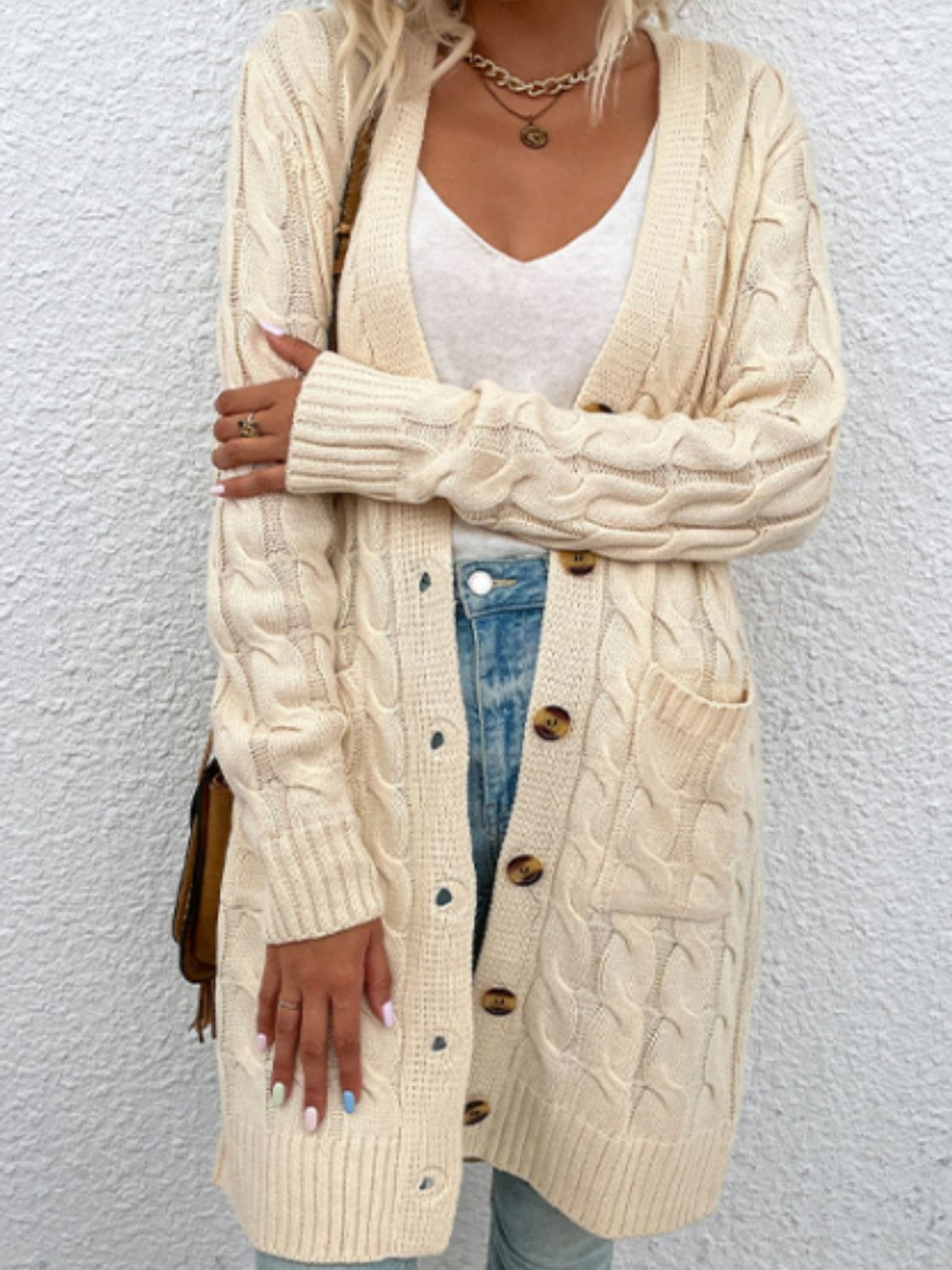 Cable-Knit Button Down Cardigan with Pockets BLUE ZONE PLANET