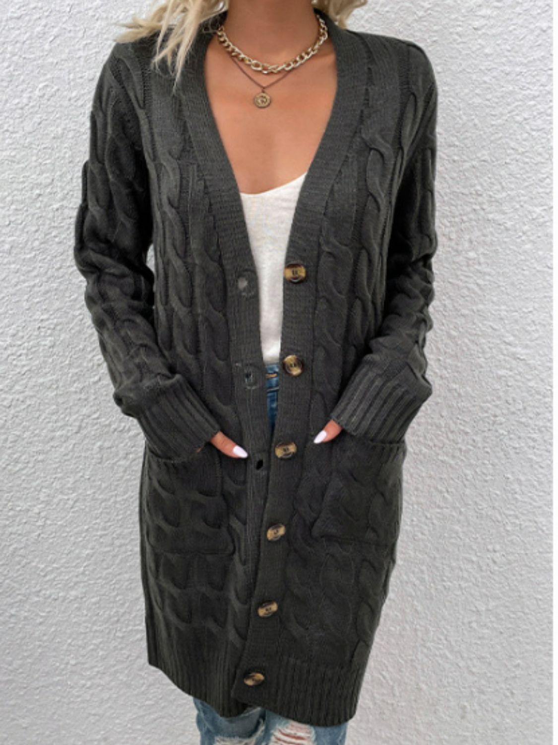 Cable-Knit Button Down Cardigan with Pockets BLUE ZONE PLANET